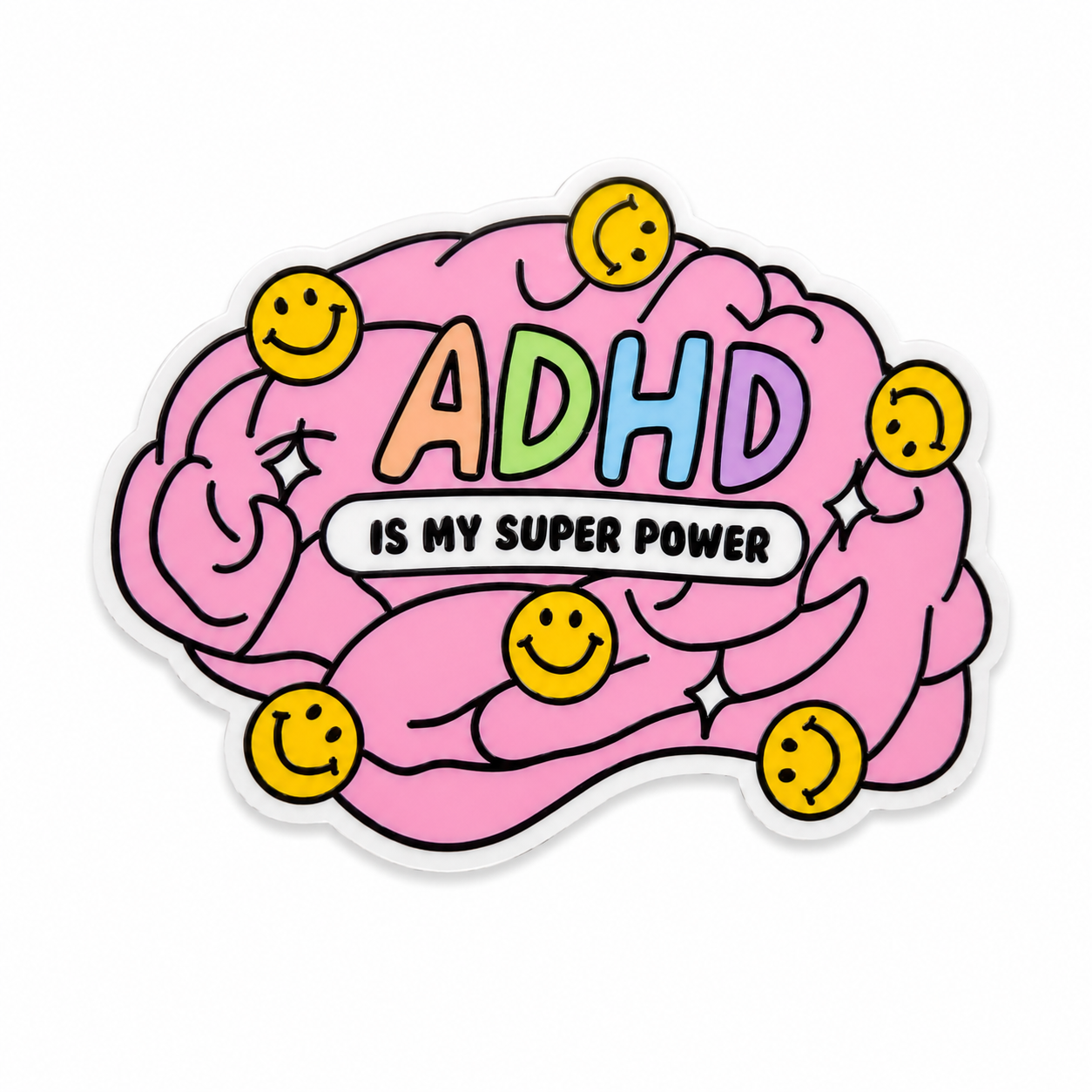 ADHD IS MY SUPER POWER plastic add-on featuring a pink brain with colorful lettering, smiley faces, and sparkles, compatible with interchangeable badge reel bases.