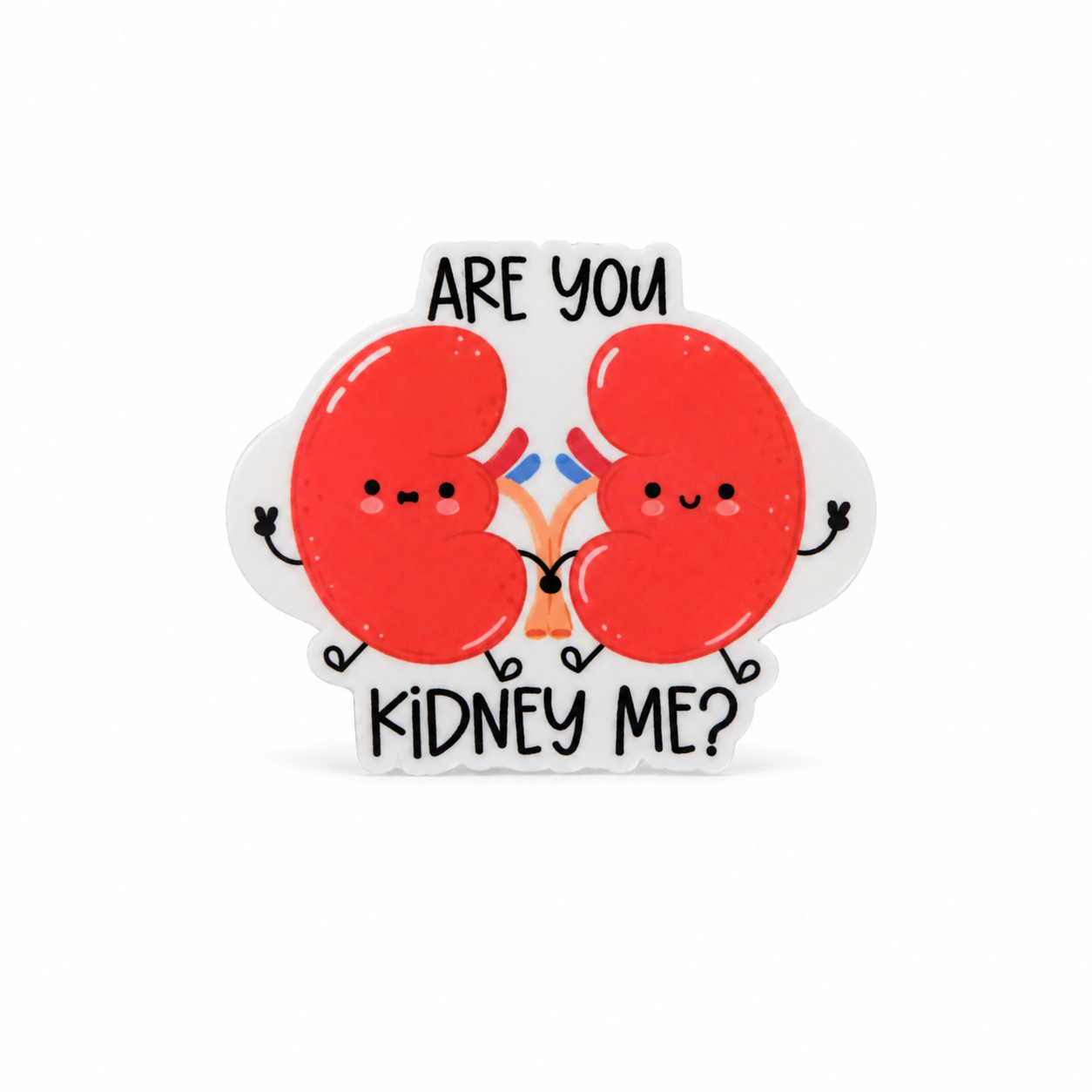 ARE YOU KIDNEY ME? plastic add-on with cute smiling kidneys, compatible with interchangeable badge reel bases for a nephrology nurse accessory.