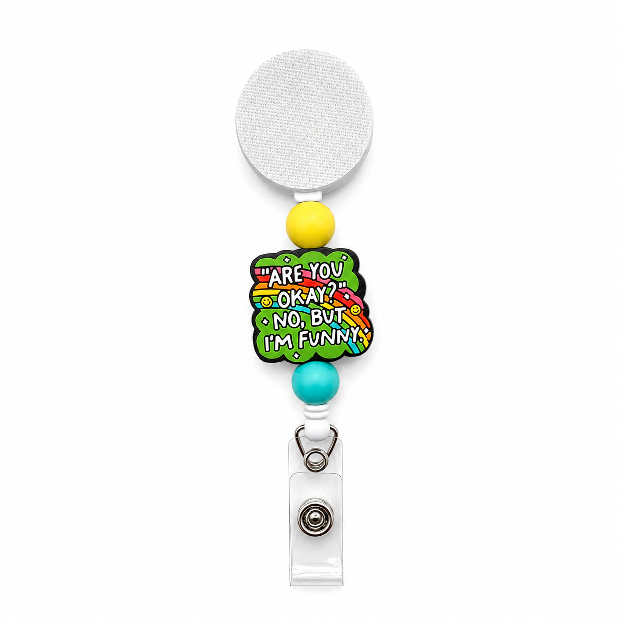 "Are You Okay No But I'm Funny" badge reel with rainbow design, yellow and teal silicone beads, and a white retractable interchangeable badge reel.