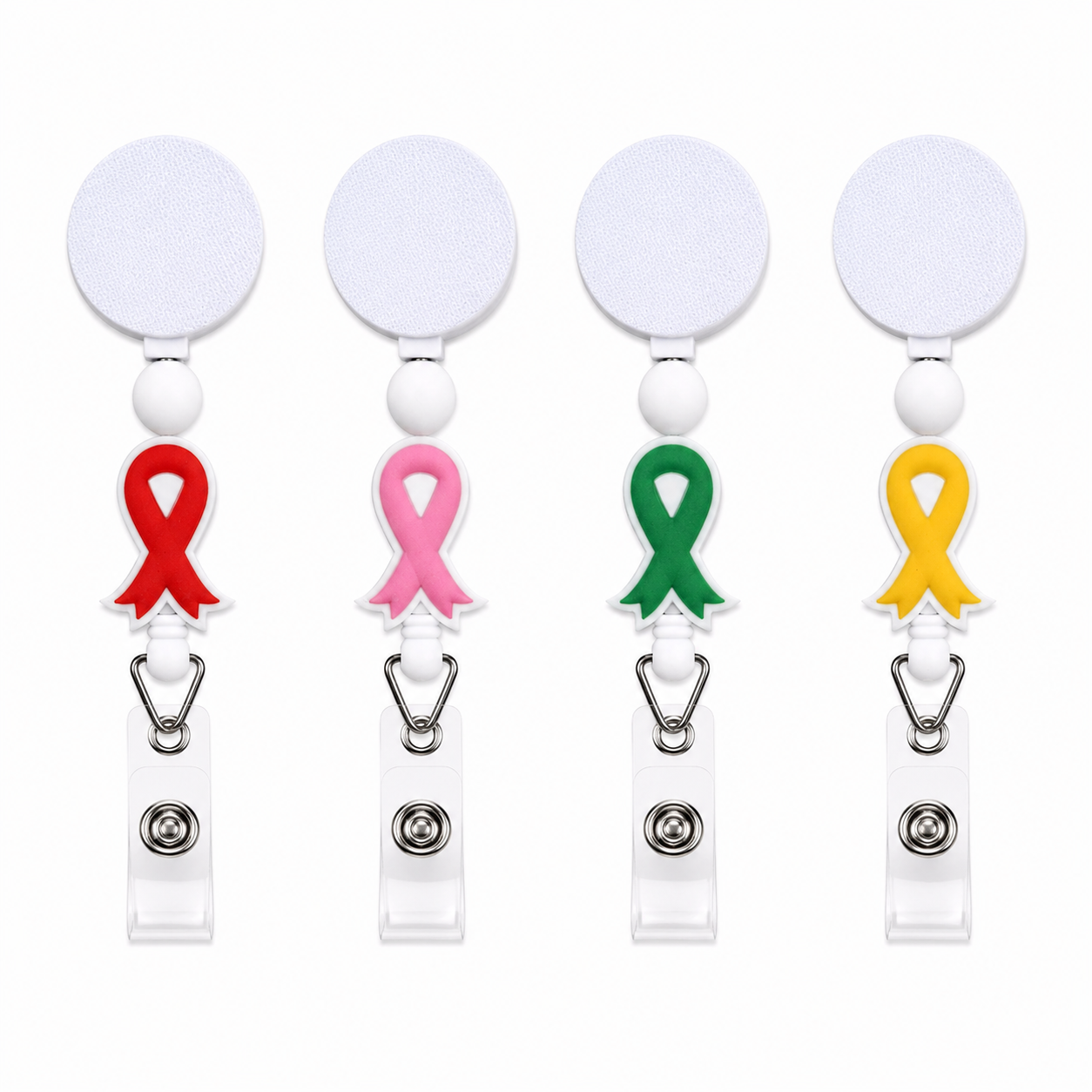 Awareness ribbon badge reel available in green, red, pink, and yellow designs with white accent beads and white retractable reels for nurses and support teams.