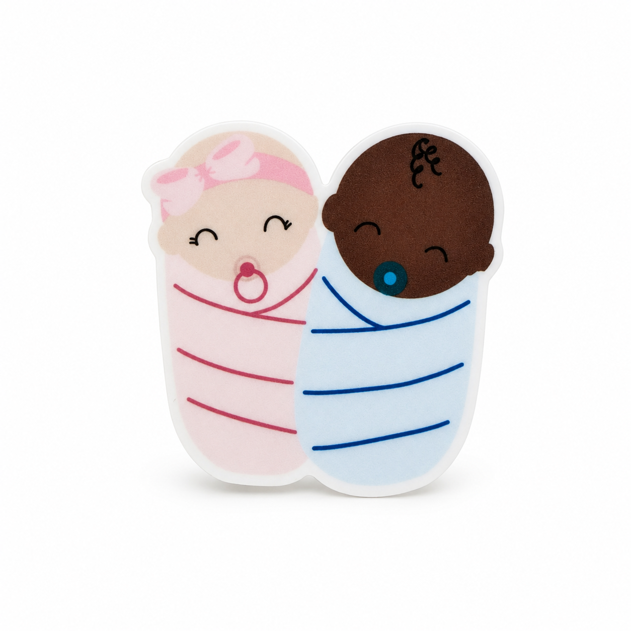 Swaddled Newborn Twins plastic add-on with smiling babies in pink and blue blankets, compatible with interchangeable badge reel bases for NICU nurses.