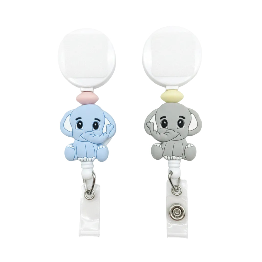 Interchangeable baby elephant badge reel featuring adorable blue and gray elephant designs with pastel silicone beads and retractable badge holder for pediatric nurses, NICU staff, teachers, veterinary professionals, and healthcare workers.