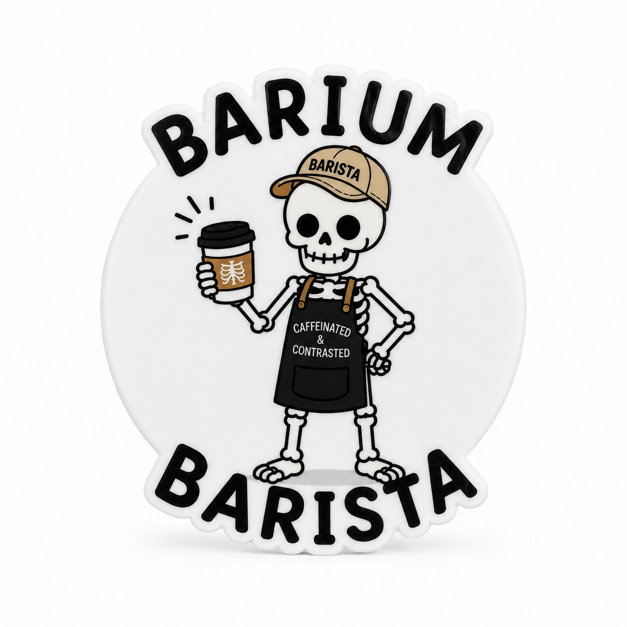 BARIUM BARISTA plastic add-on featuring a skeleton barista holding a coffee cup with "CAFFEINATED & CONTRASTED" apron, compatible with interchangeable badge reel bases.