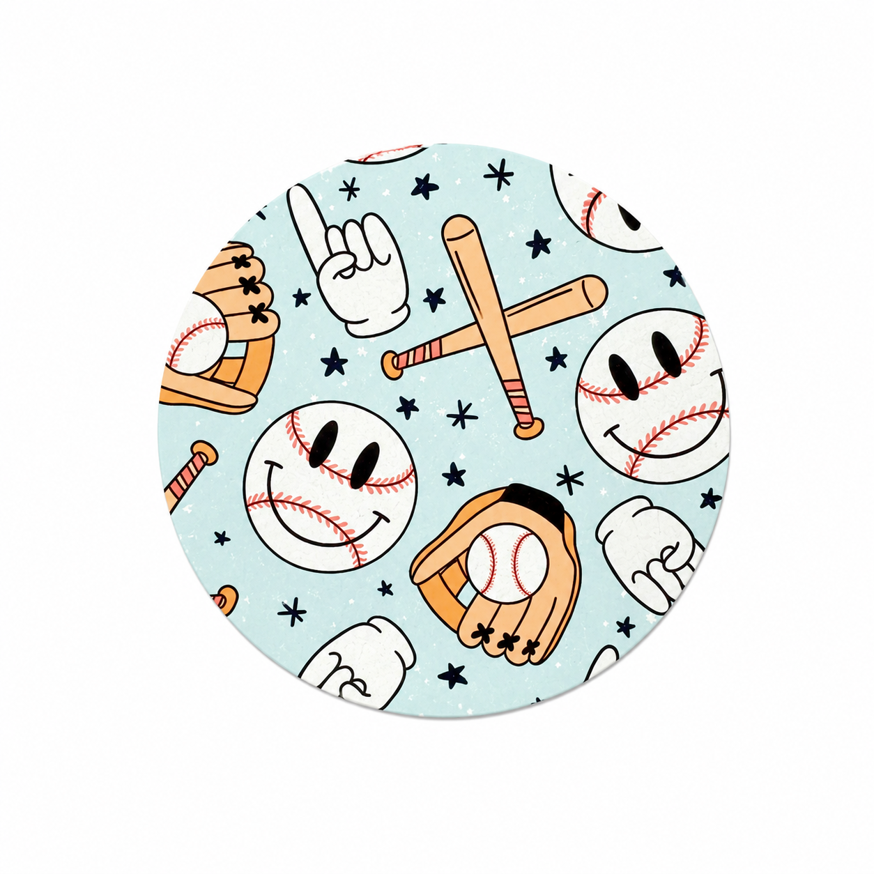 Baseball smiley hard board add-on featuring happy baseballs, bats, gloves, hand signs, and stars, compatible with interchangeable badge reel bases.