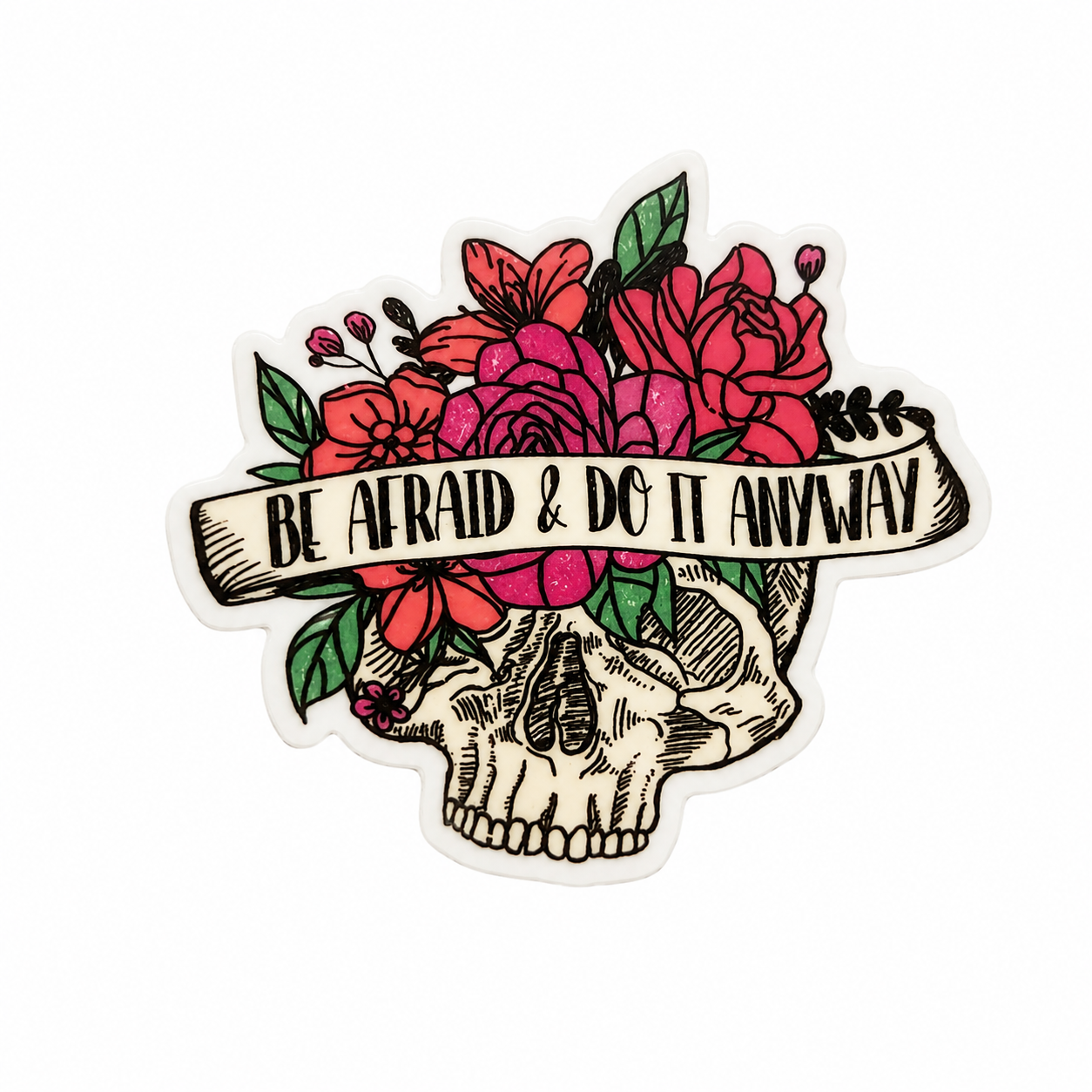 Be Afraid & Do It Anyway plastic add-on with skull and pink floral design, compatible with interchangeable badge reel bases.