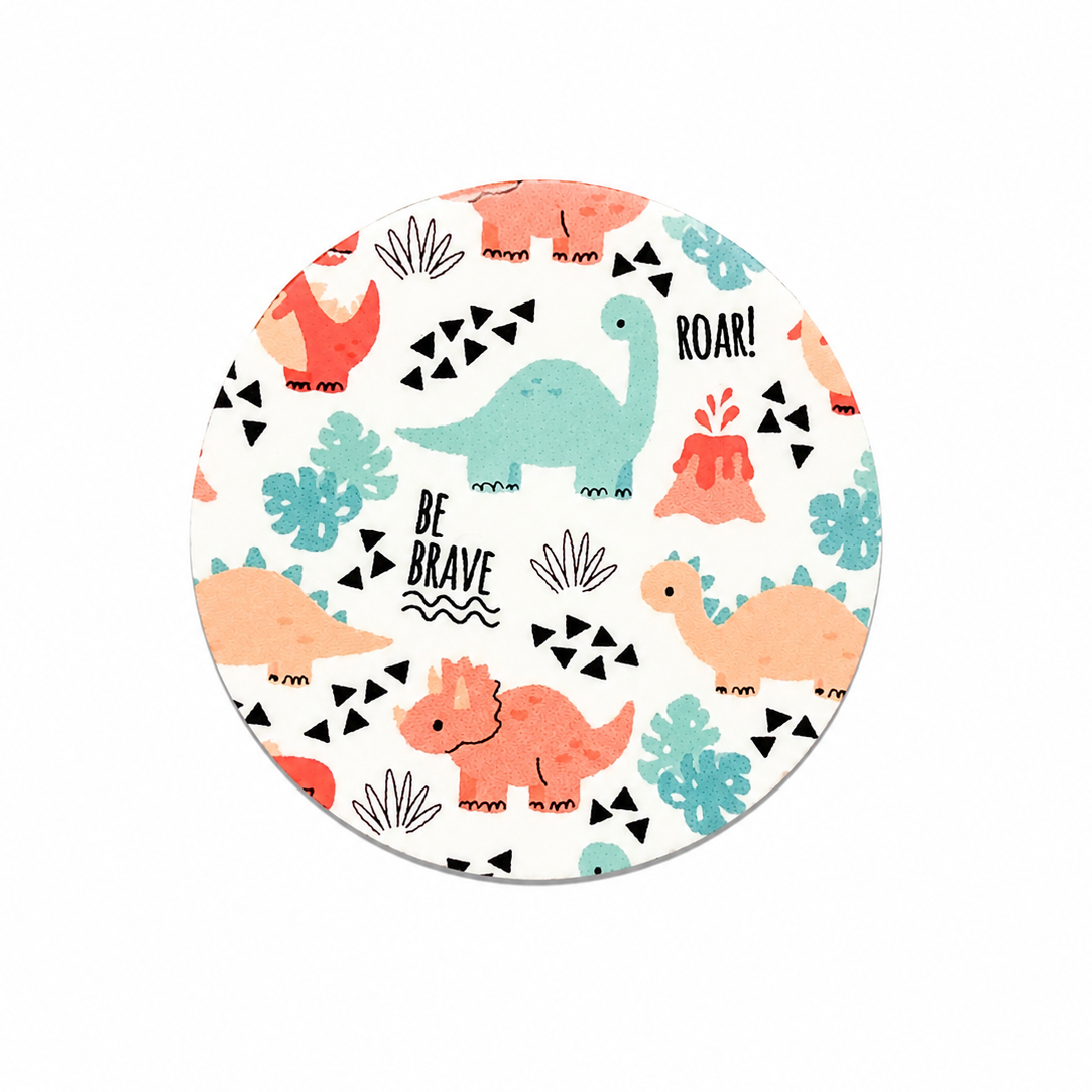 BE BRAVE and ROAR dinosaur hard board add-on featuring colorful prehistoric animals and plants, compatible with interchangeable badge reel bases for pediatric staff.