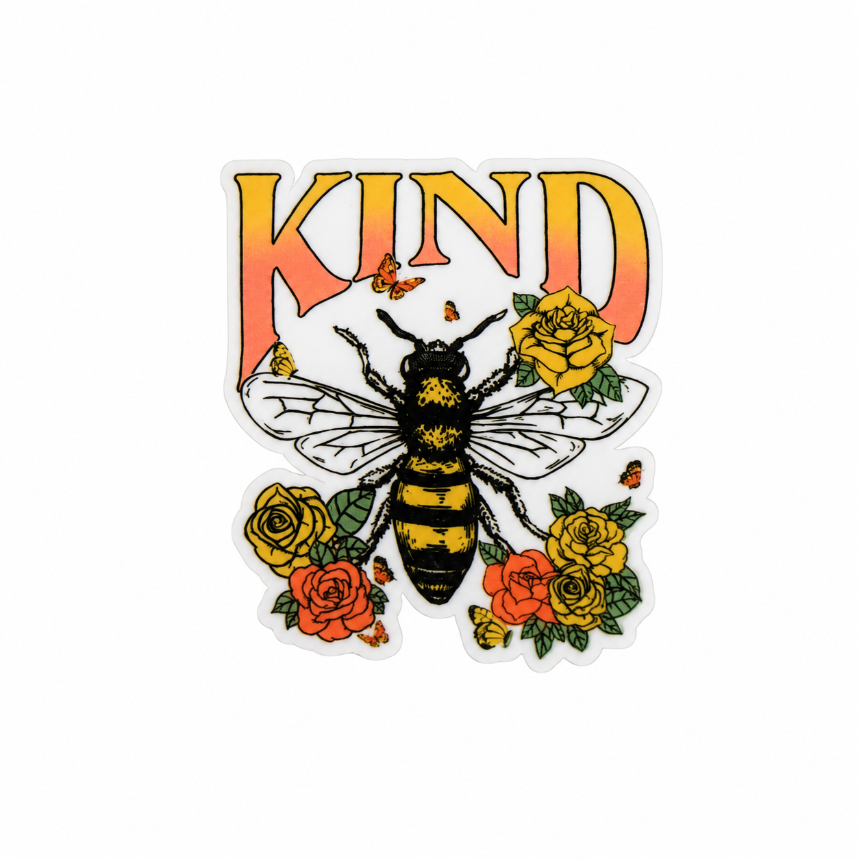 BEE KIND plastic add-on with bee, roses, and butterfly details, compatible with interchangeable badge reel bases for a positive vibes accessory.