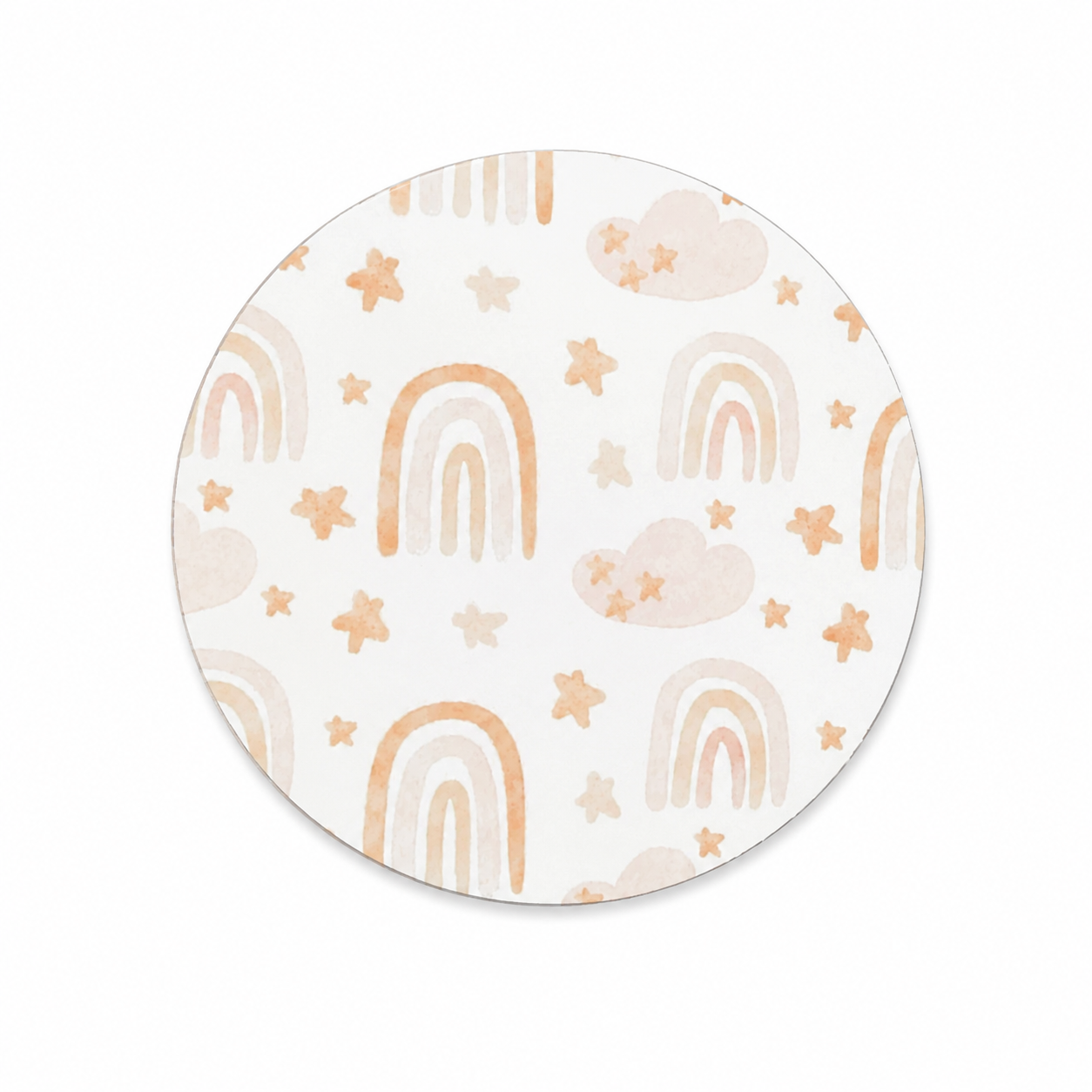 Neutral rainbow and stars hard board add-on with beige clouds and a soft boho pattern, compatible with interchangeable badge reel bases for teachers and neutral decor lovers.