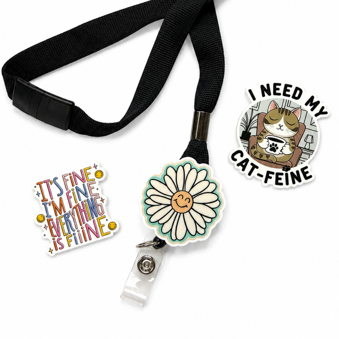 Black breakaway interchangeable lanyard shown with compatible Badge Beauties hardboards and plastic add-ons sold separately.