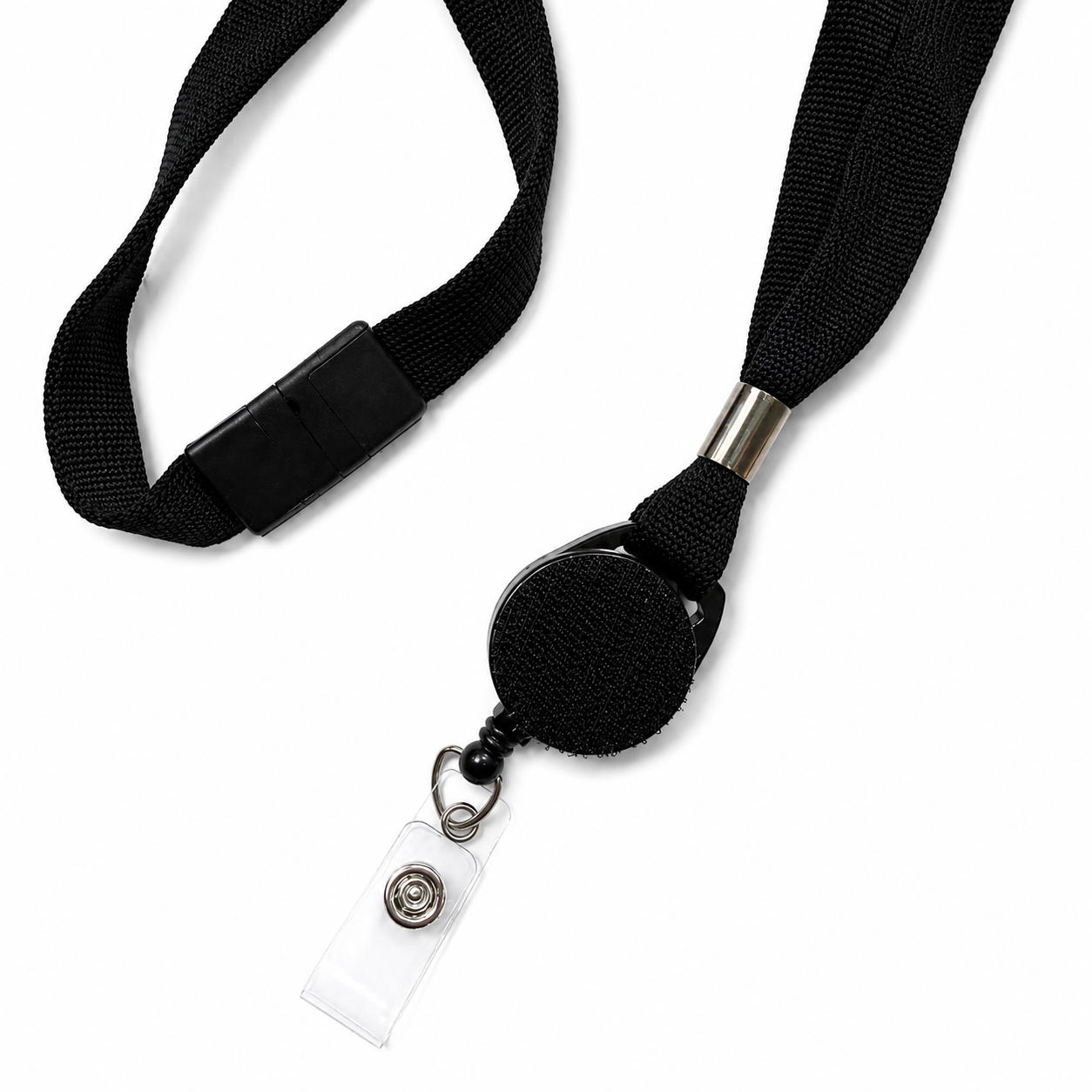 Black breakaway interchangeable badge lanyard with attached hook-and-loop disc, compatible with interchangeable hardboards and plastic add-ons for everyday work ID badges.