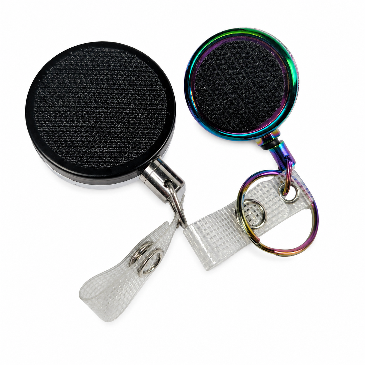 Interchangeable badge reel featuring extra durable retractable badge reel bases with belt clip and multicolor swivel alligator clip for compatible plastic and hardboard add-ons.