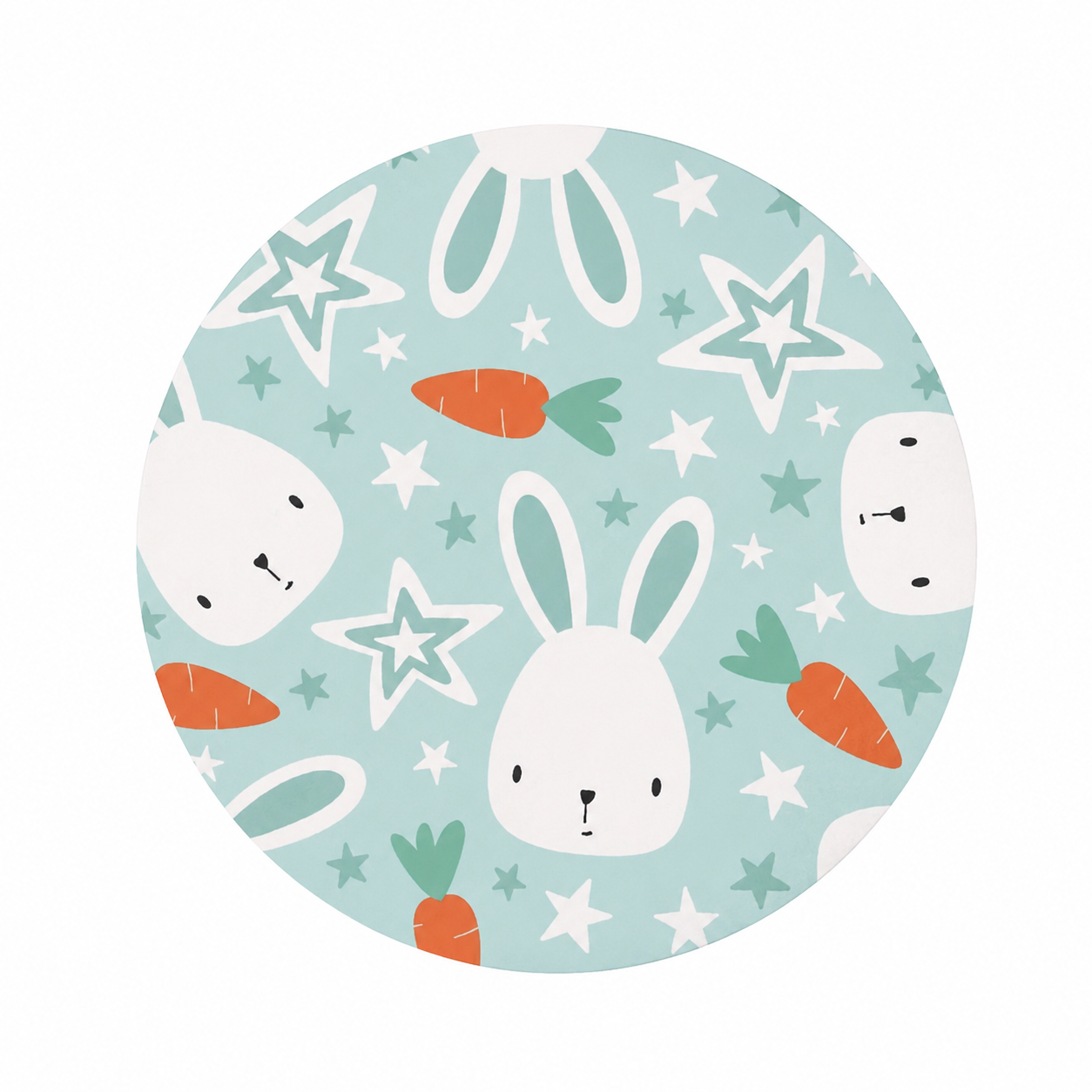Blue Star Bunny hard board add-on featuring white bunny faces, carrots, and stars on a pastel blue background, compatible with interchangeable badge reel bases.