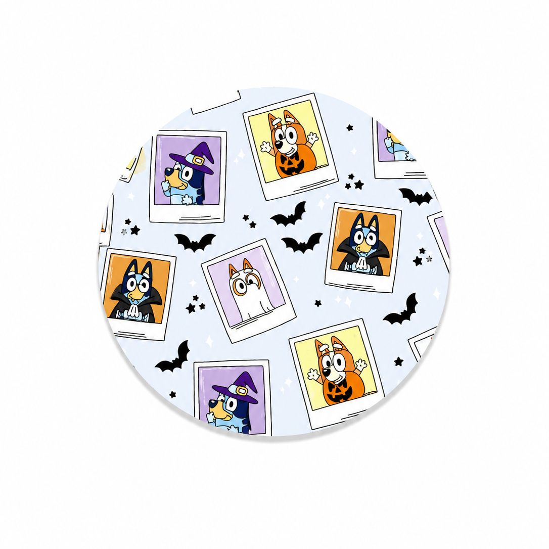 Bluey Halloween hard board add-on featuring cartoon Halloween characters, ghosts, bats, and pumpkin costumes, compatible with interchangeable badge reel bases.