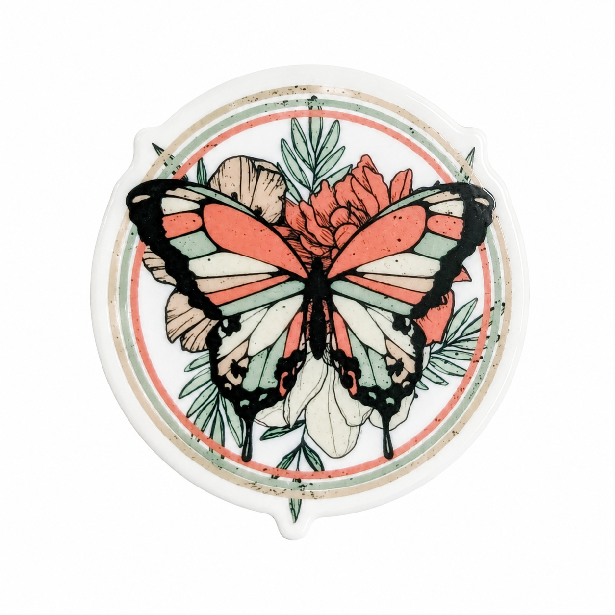 Boho butterfly plastic add-on with peach, mint, cream, and black floral butterfly design, compatible with interchangeable badge reel bases.