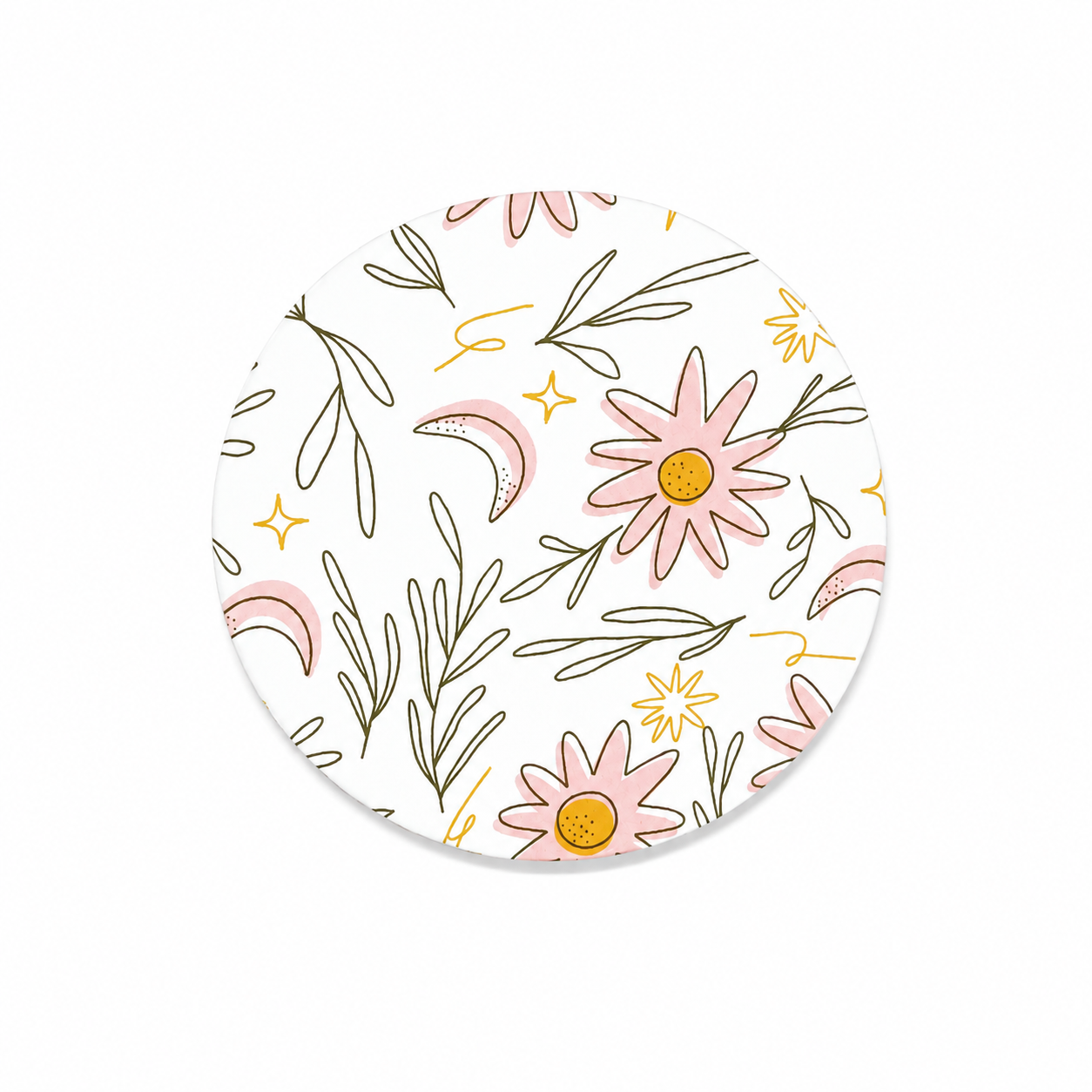 Boho floral hard board add-on featuring pink daisies, crescent moons, golden stars, and leafy stems, compatible with interchangeable badge reel bases.