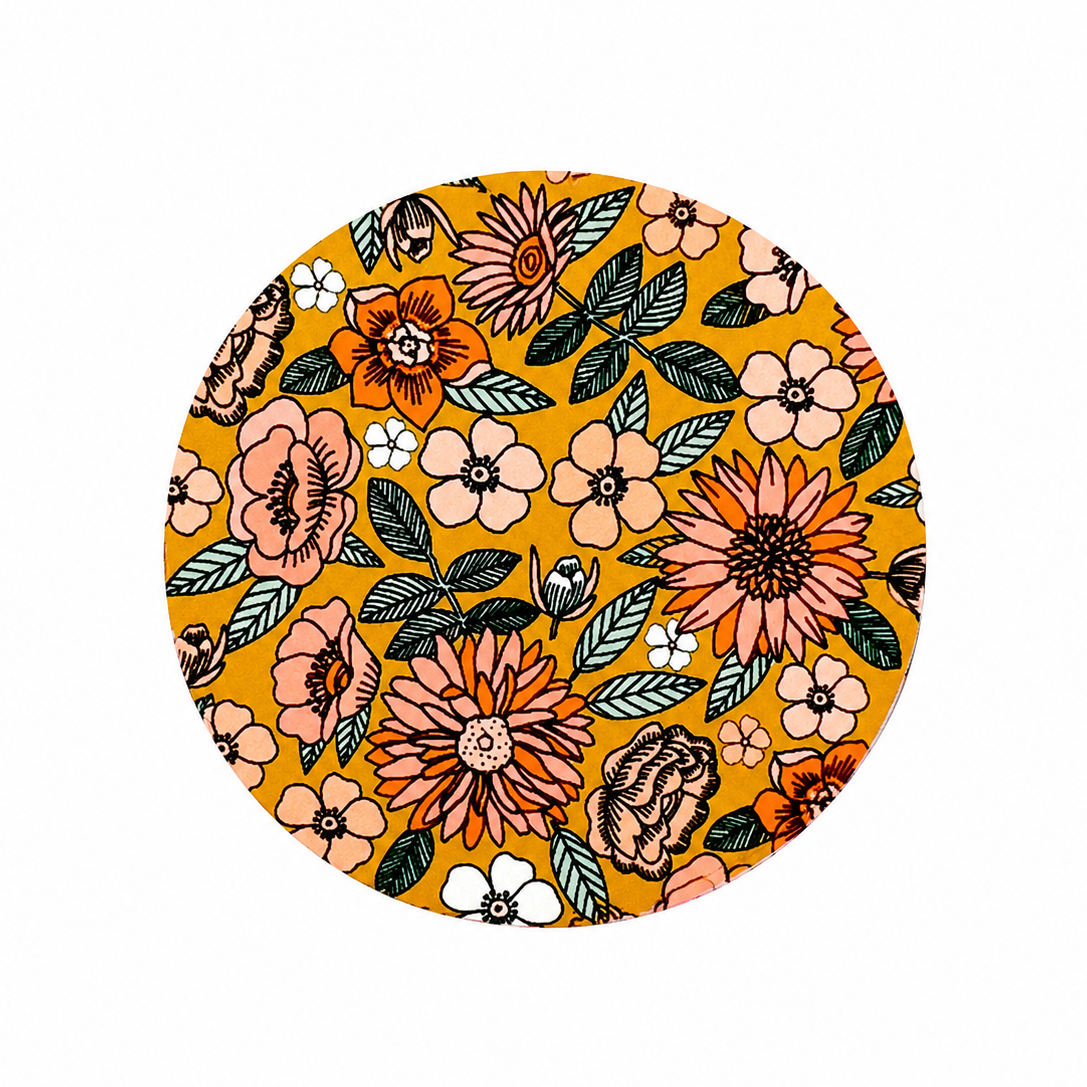Boho floral hard board add-on with mustard background and pink, peach, orange, and cream flowers, compatible with interchangeable badge reel bases.
