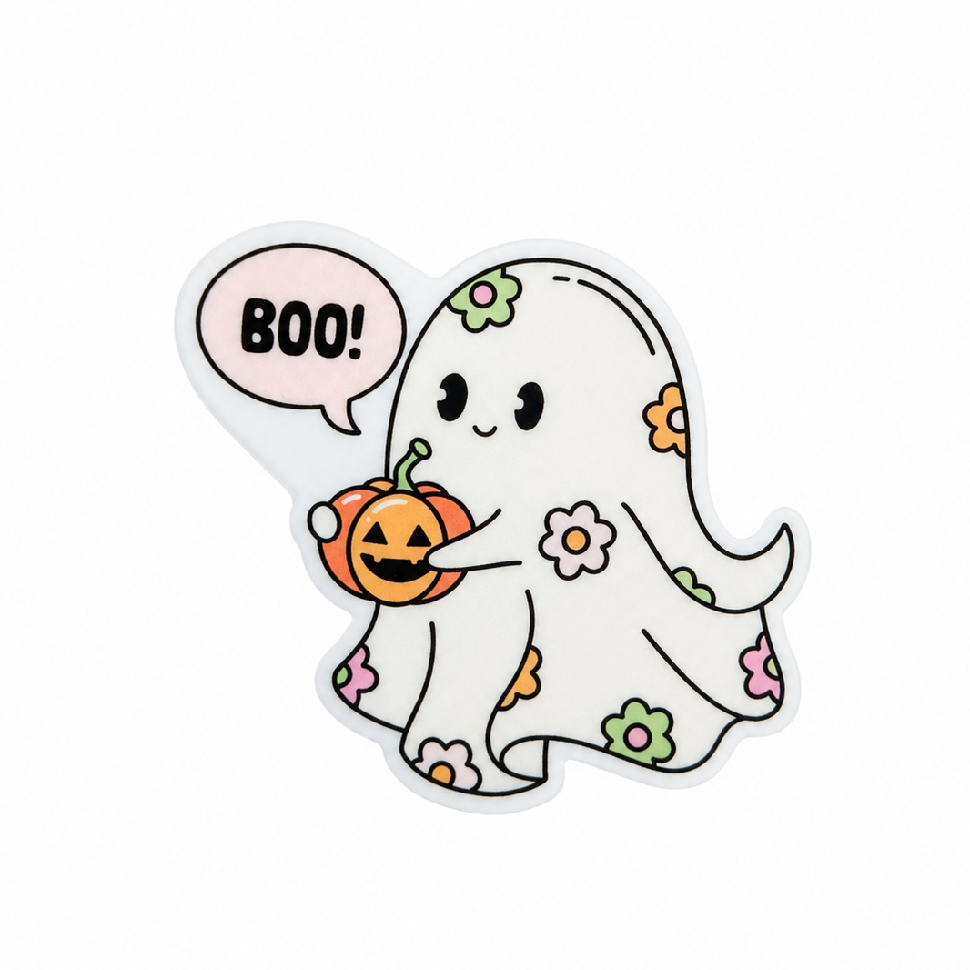 BOO! plastic add-on featuring a smiling ghost decorated with flowers and holding a jack-o'-lantern pumpkin, compatible with interchangeable badge reel bases, cute Halloween accessory