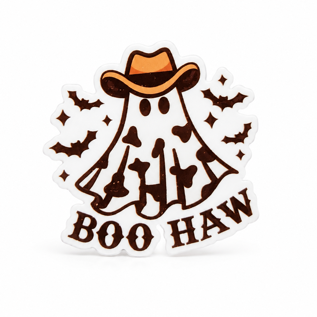 BOO HAW western Halloween gift plastic add-on with a cow-print ghost, cowboy hat, and bats, compatible with interchangeable badge reel bases.