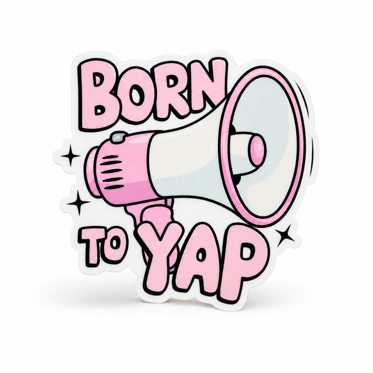 Plastic add-on featuring a pink megaphone and the phrase "BORN TO YAP," compatible with interchangeable badge reel bases and perfect for talkative personalities and funny work accessories.
