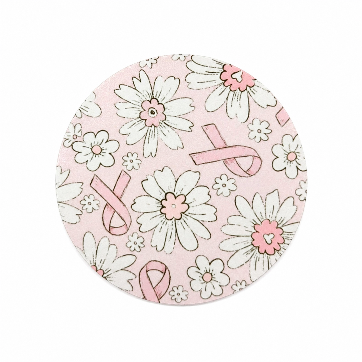 Breast cancer awareness hard board add-on featuring pink ribbons and white daisies on a blush background, compatible with interchangeable badge reel bases.
