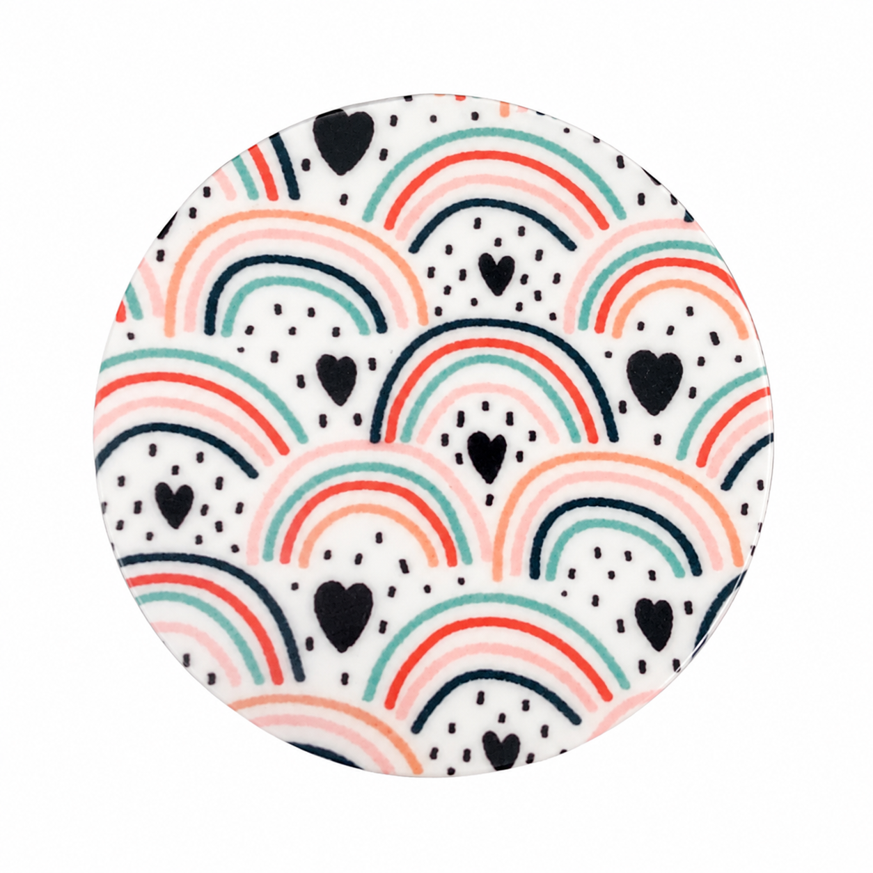 Bright Rainbow hard board add-on featuring colorful rainbow arches, black hearts, and confetti dots, compatible with interchangeable badge reel bases.