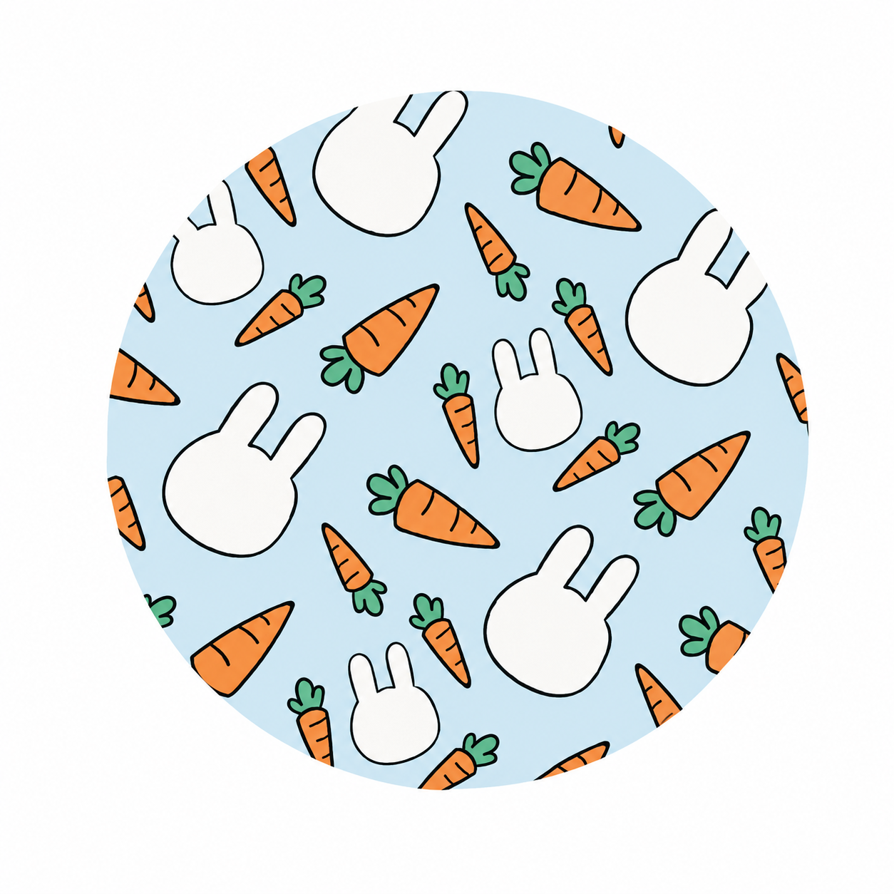 Bunny Carrot hard board add-on featuring white bunny silhouettes and orange carrots on a pastel blue background, compatible with interchangeable badge reel bases.