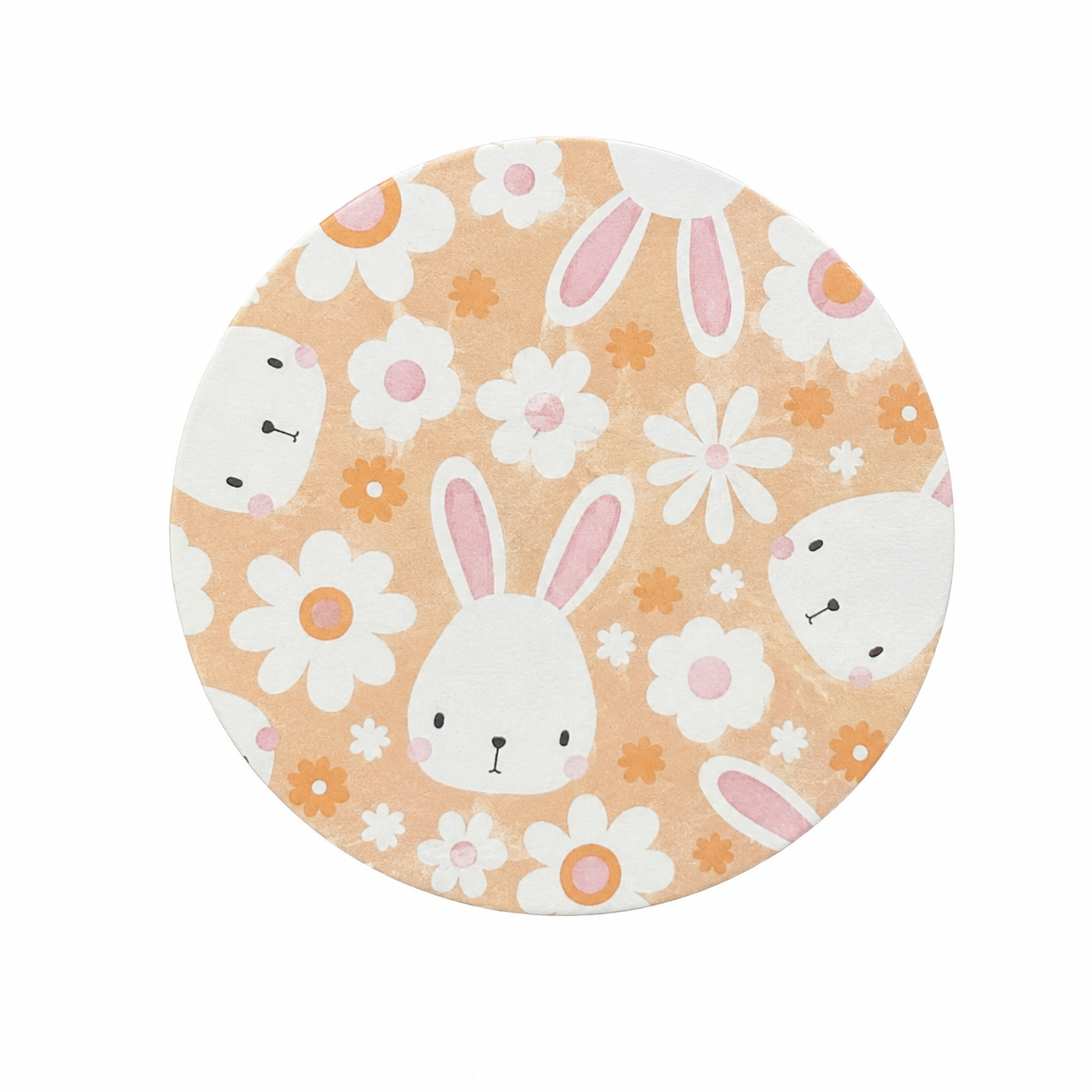 Bunny floral hard board add-on featuring white rabbits with pink ears and pastel flowers on peach, compatible with interchangeable badge reel bases.