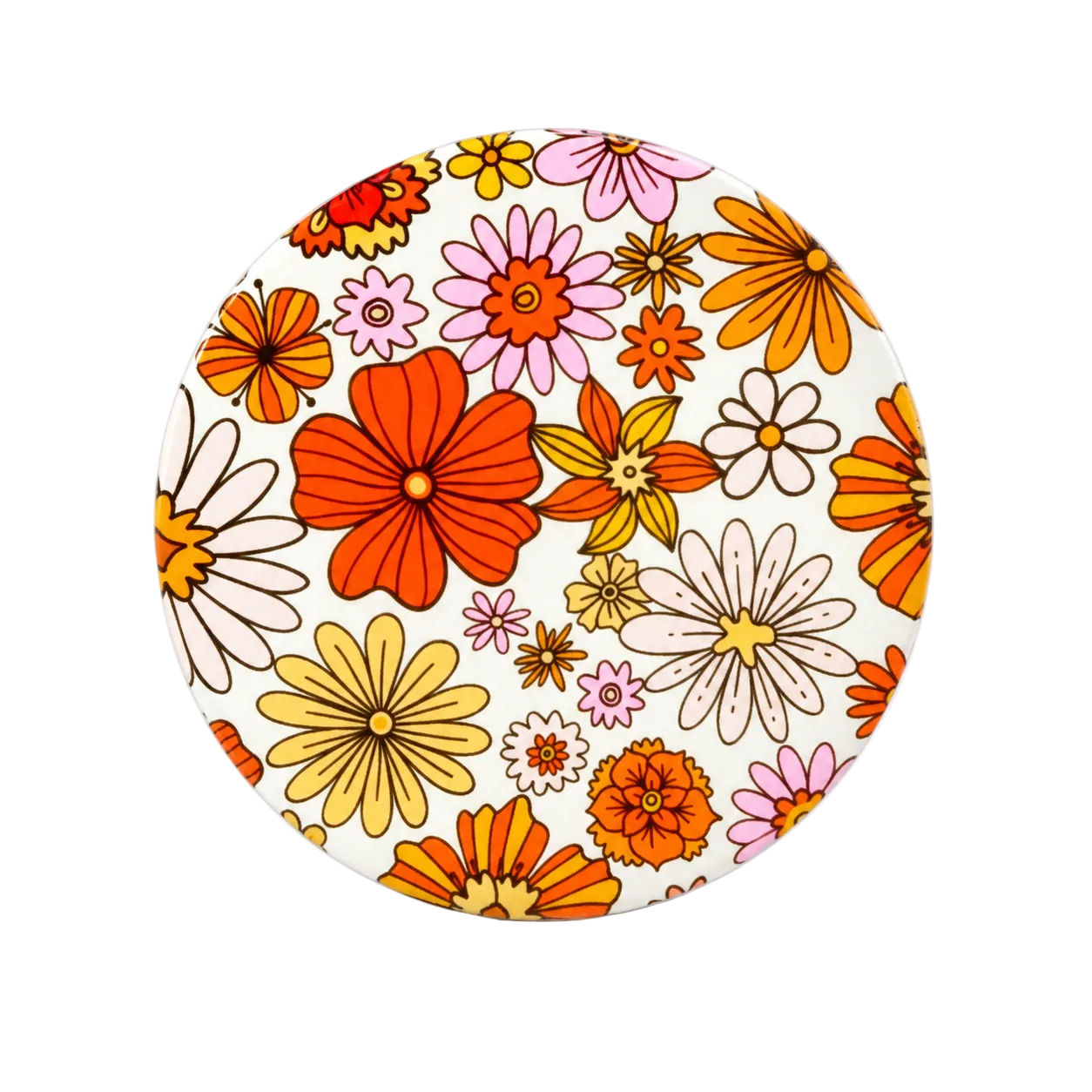 Burnt Orange Floral hard board add-on featuring retro-inspired orange, yellow, pink, and cream flowers, compatible with interchangeable badge reel bases.