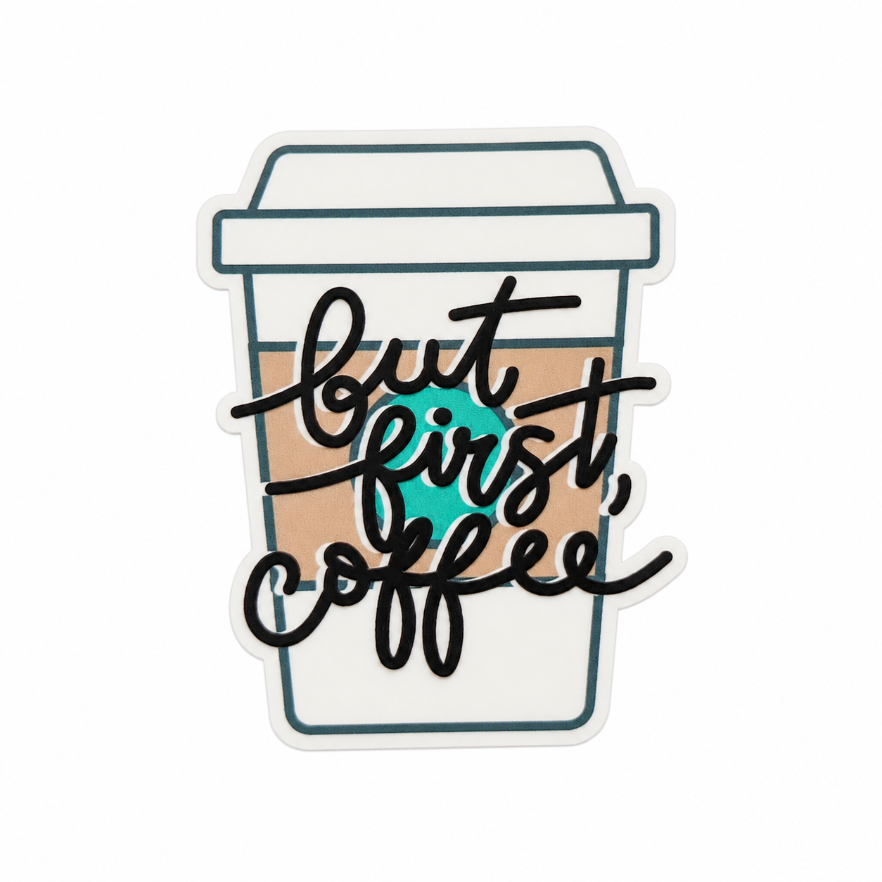 but first, coffee plastic add-on featuring a to-go coffee cup, compatible with interchangeable badge reel bases for coffee lovers.