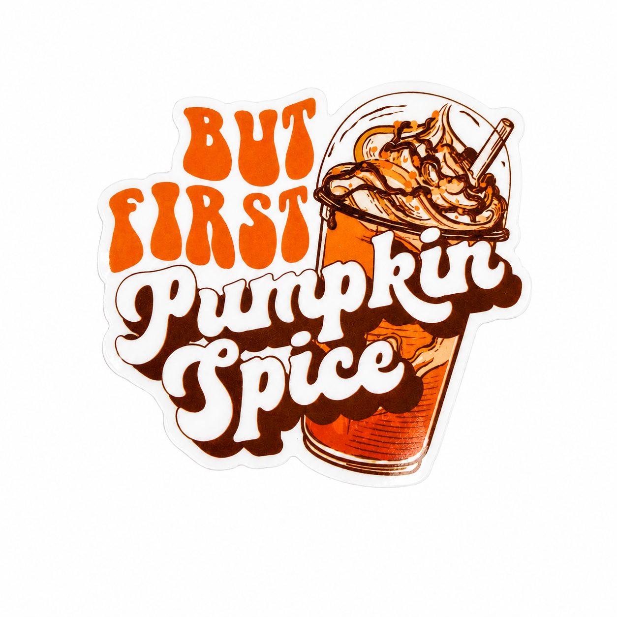 But First Pumpkin Spice plastic add-on featuring retro lettering and a pumpkin spice drink, compatible with interchangeable badge reel bases.