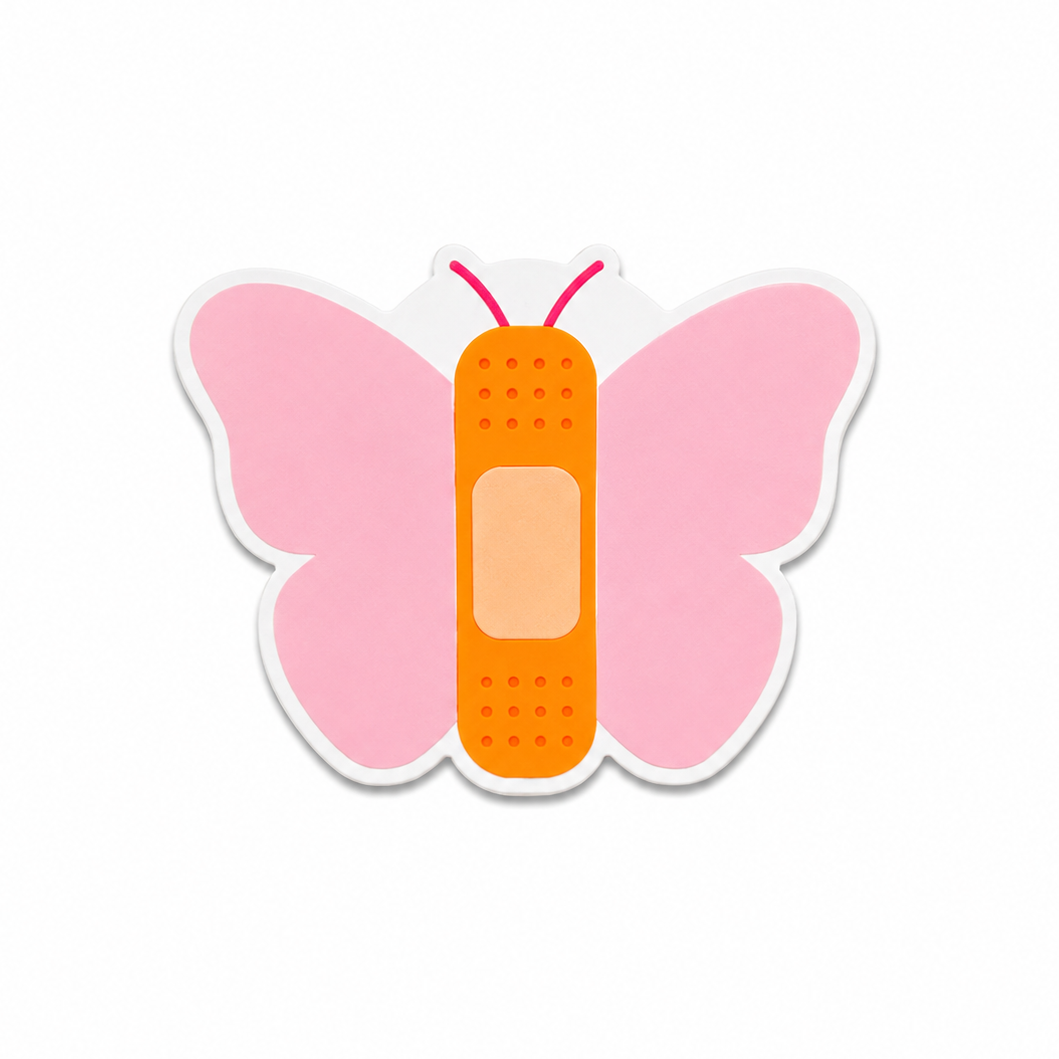 Butterfly bandage plastic add-on with pink wings and cute healing design, compatible with interchangeable badge reel bases