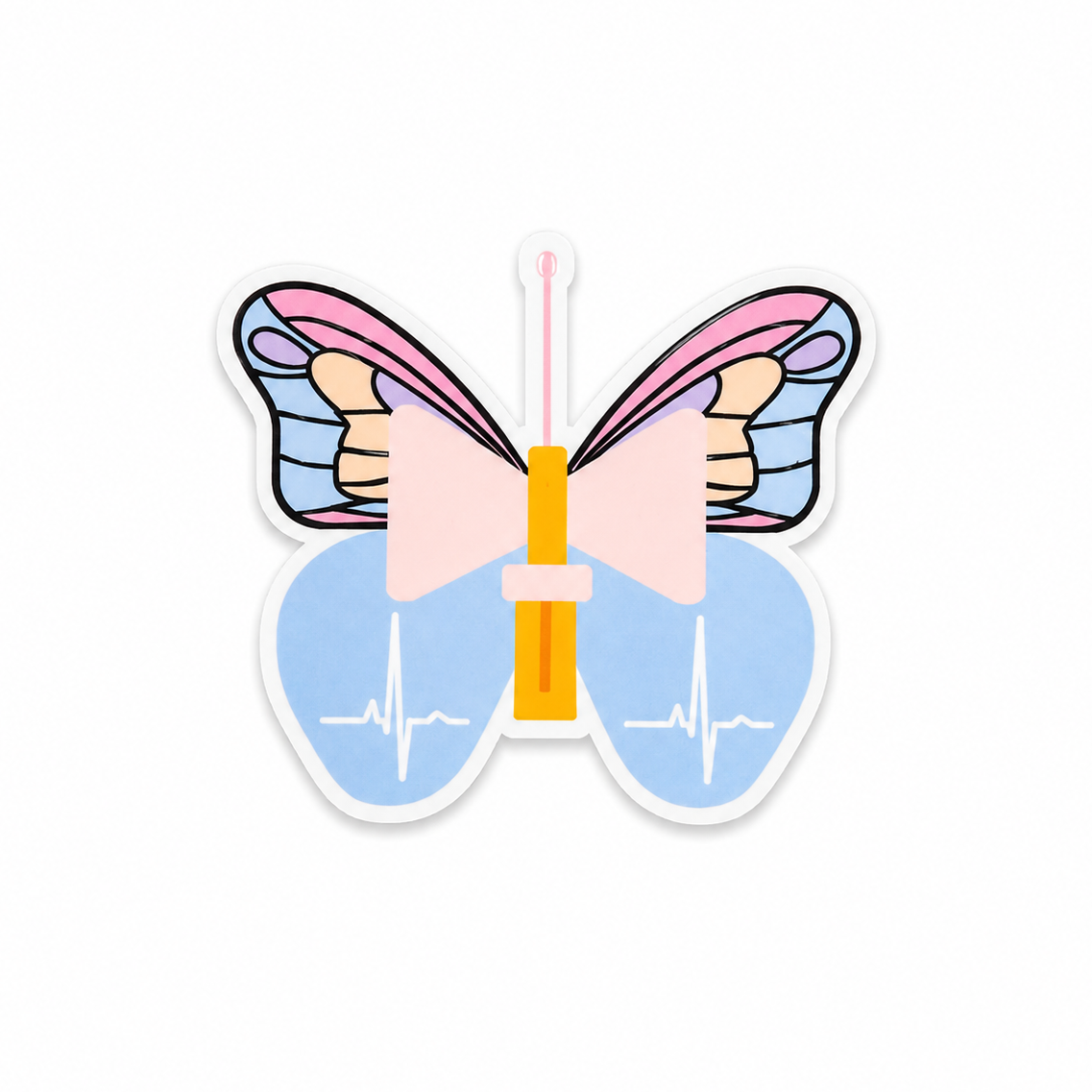 Butterfly needle medical pun plastic add-on with pastel wings and syringe design, compatible with interchangeable badge reel bases