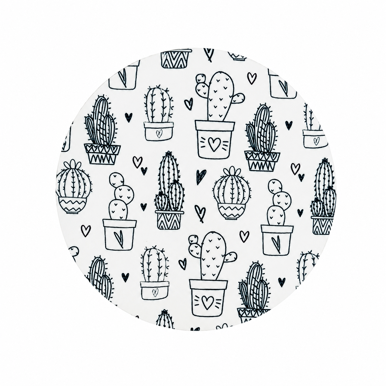 Cactus Doodle hard board add-on featuring green and white hand-drawn cacti in pots with hearts, compatible with interchangeable badge reel bases.