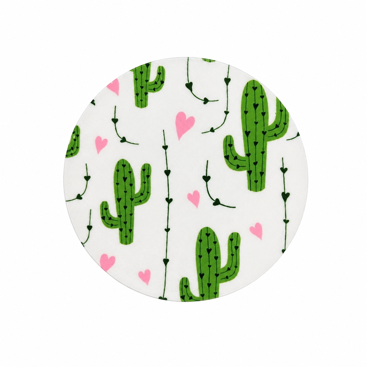 Cactus Hearts hard board add-on featuring green cacti, pink hearts, and vines, compatible with interchangeable badge reel bases. Cute boho botanical badge topper.