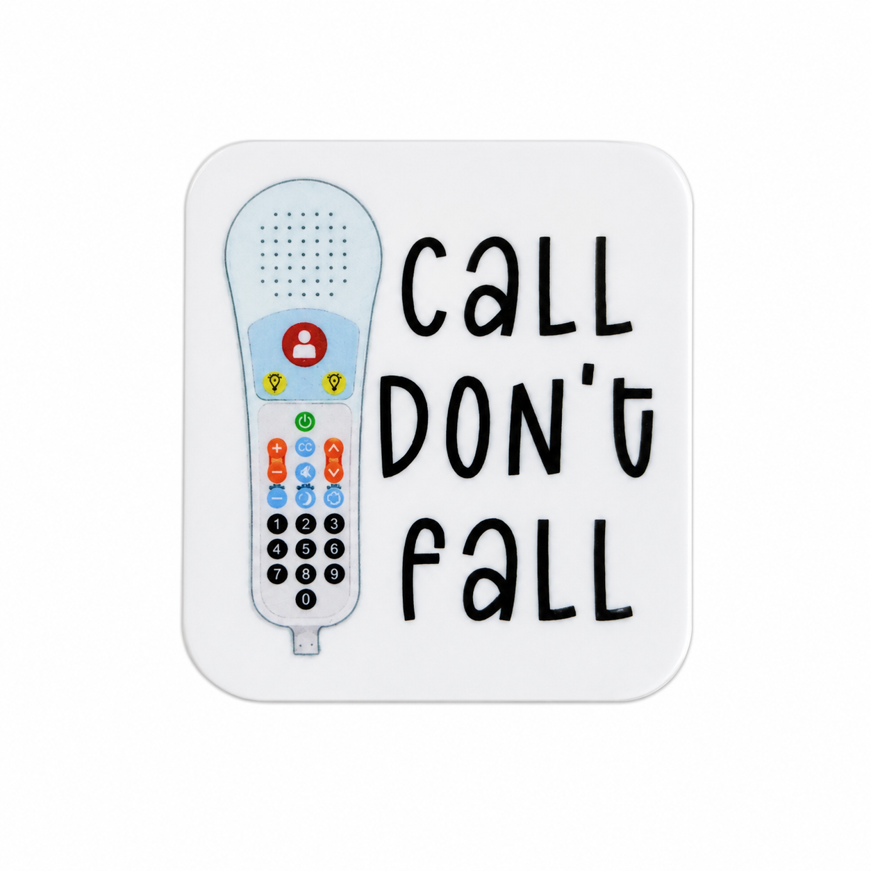 Call Don't Fall plastic add-on featuring a hospital call light remote design, compatible with interchangeable badge reel bases and ideal for nurses, CNAs, and healthcare workers.