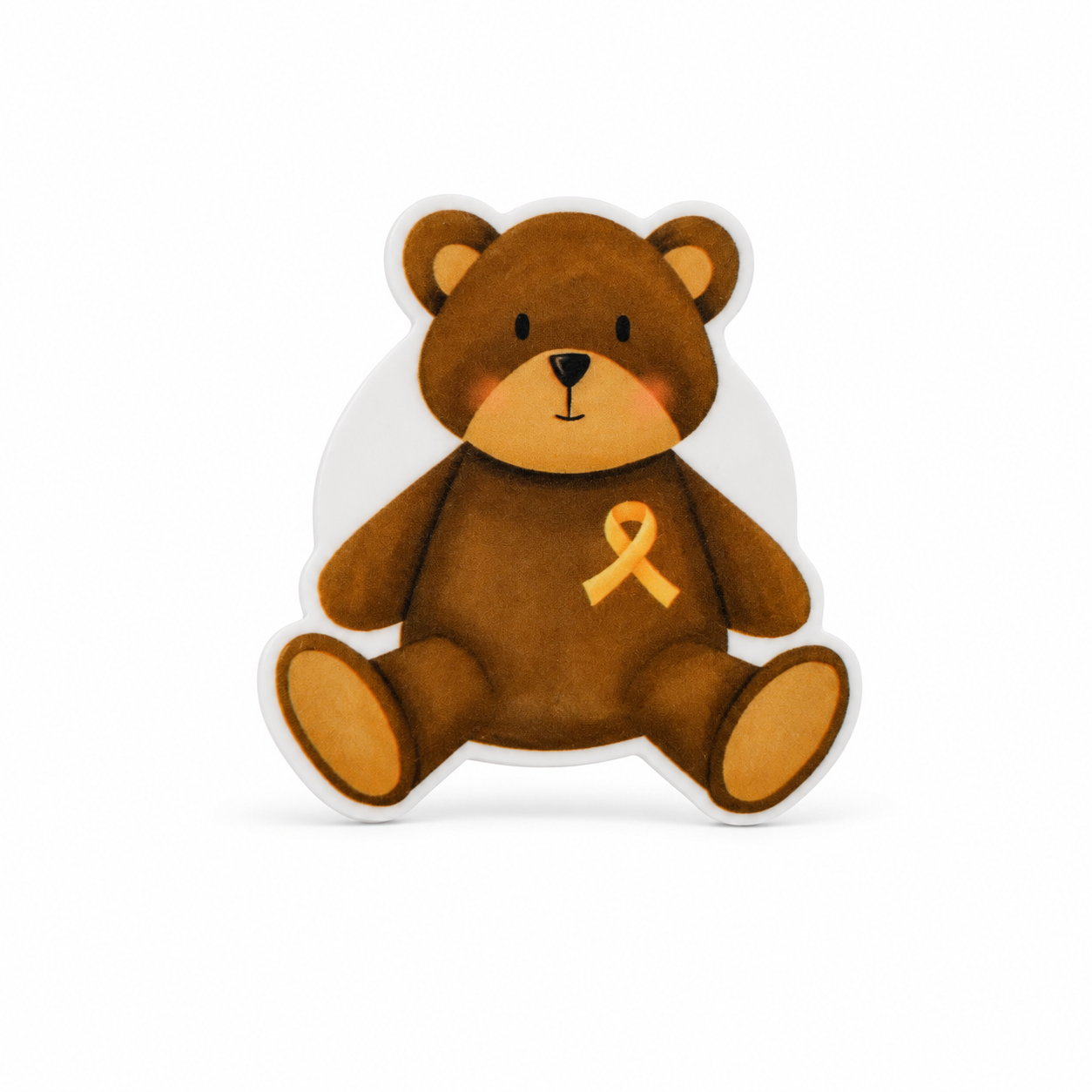 Cancer awareness teddy bear plastic add-on with a brown bear and orange ribbon, compatible with interchangeable badge reel bases.