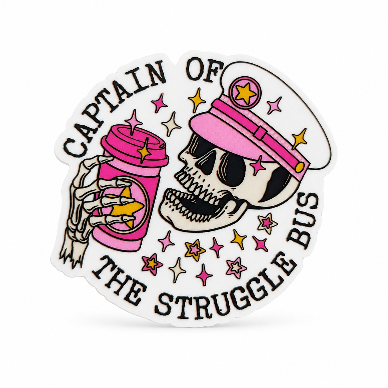 CAPTAIN OF THE STRUGGLE BUS plastic add-on with a skeleton in a pink captain’s hat holding coffee, compatible with interchangeable badge reel bases.