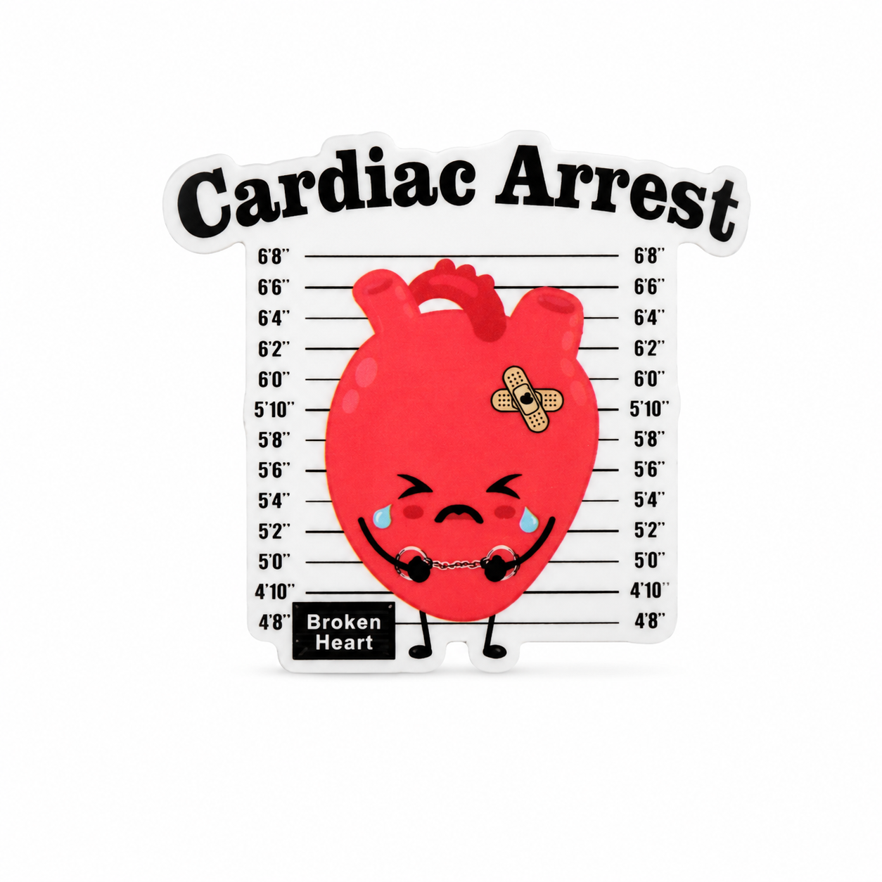 Cardiac Arrest plastic add-on with crying heart and Broken Heart sign, compatible with interchangeable badge reel bases for a cardiology nurse accessory.