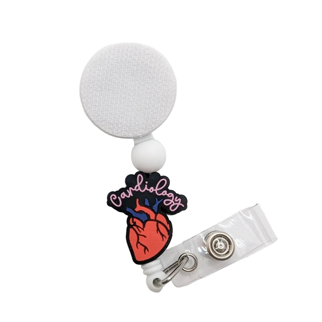 Cardiology badge reel featuring an anatomical heart design with white bead accents and a retractable badge reel for nurses, cardiac healthcare professionals, and medical staff.