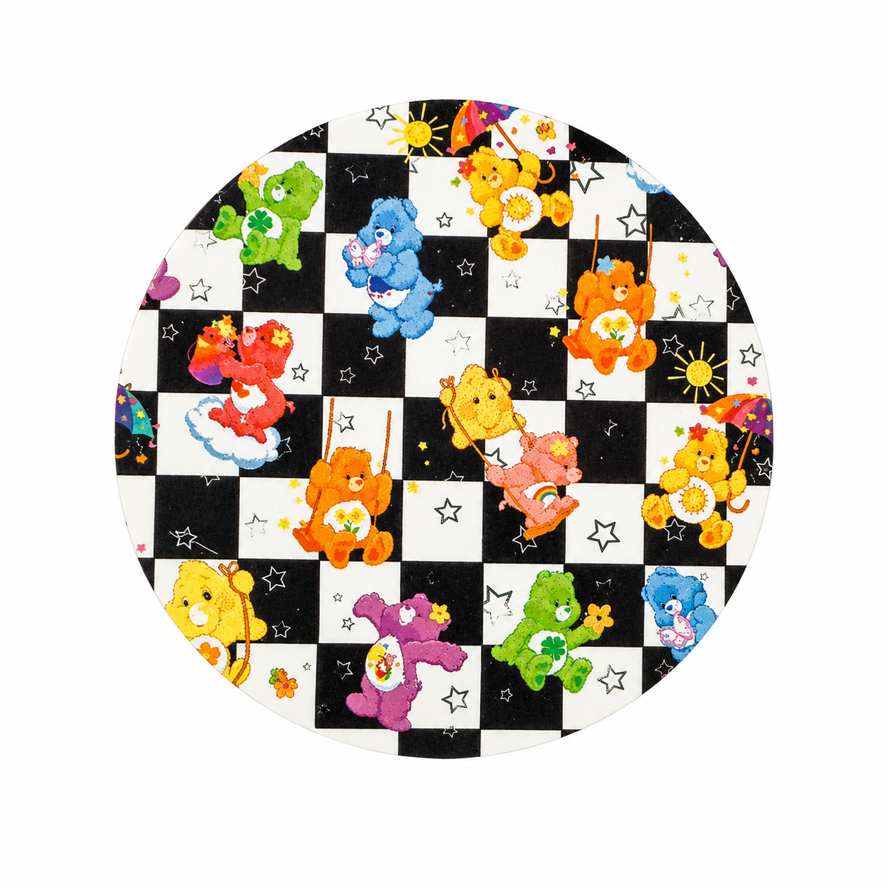 Care Bears Checkered hard board add-on featuring colorful Care Bears on a black-and-white checkered background with stars, compatible with interchangeable badge reel bases.
