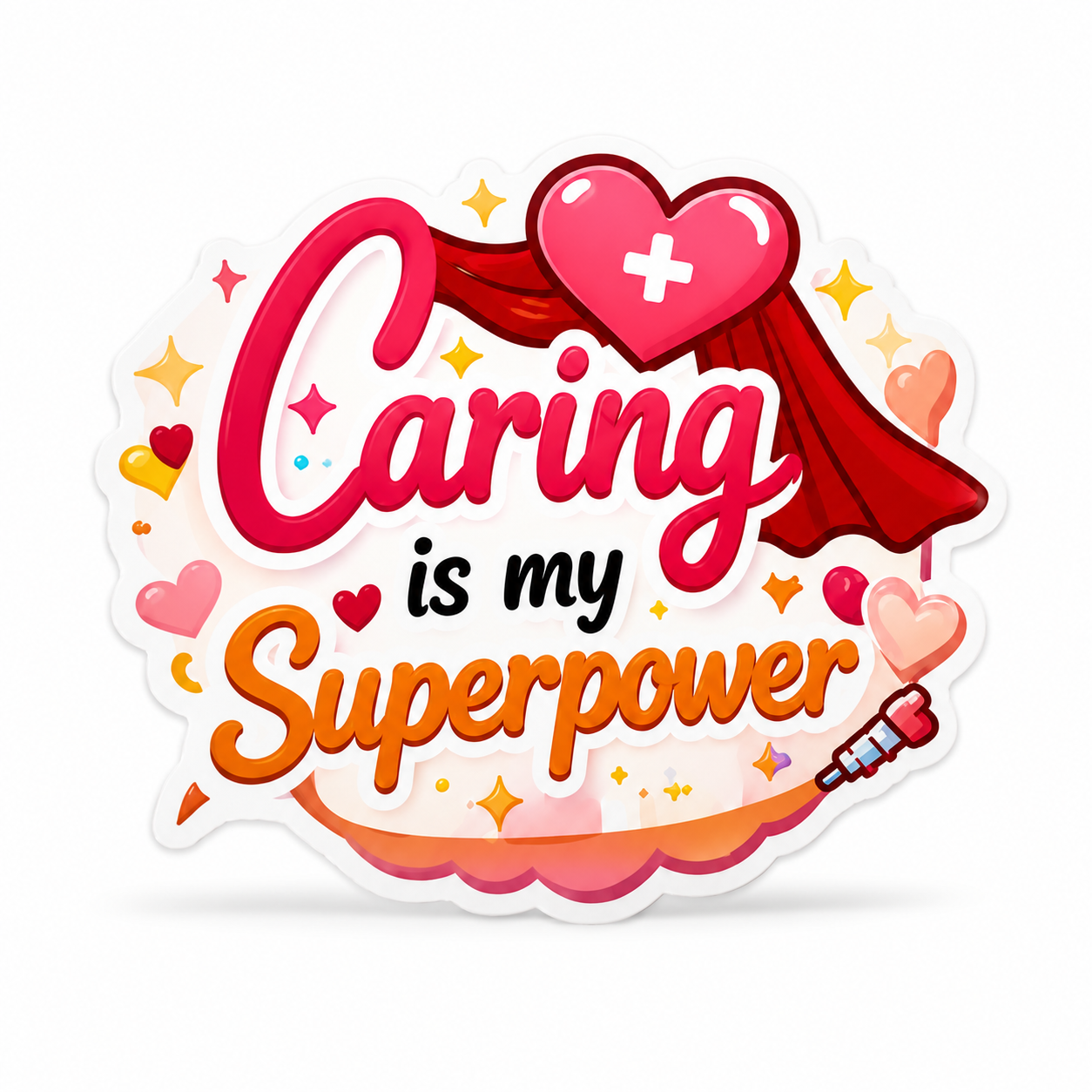 Caring is my Superpower plastic add-on with a medical heart, red superhero cape, hearts, sparkles, and syringe, a nurse accessory compatible with interchangeable badge reel bases.