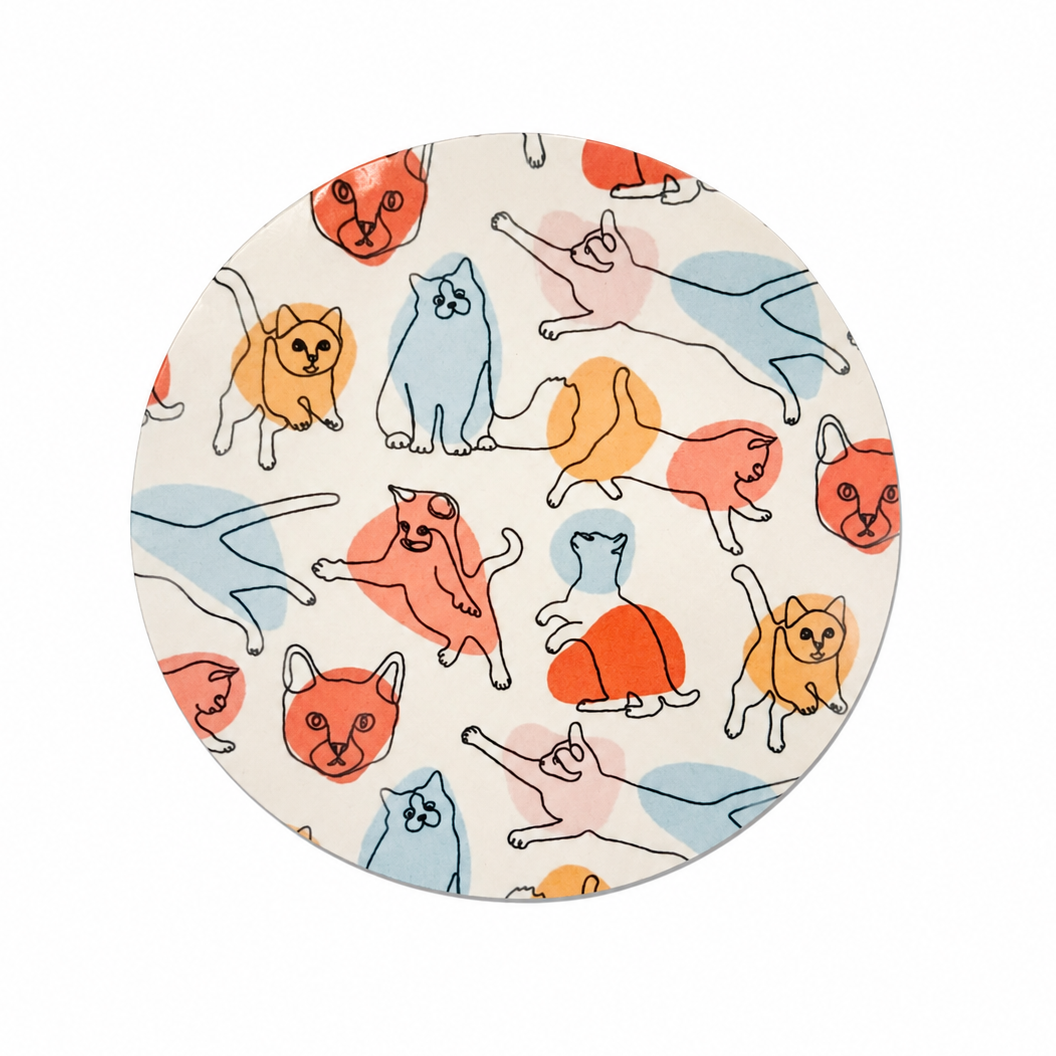 Playful pastel cats hard board add-on featuring quirky cats in coral, blue, orange, and cream, compatible with interchangeable badge reel bases for cat lovers.