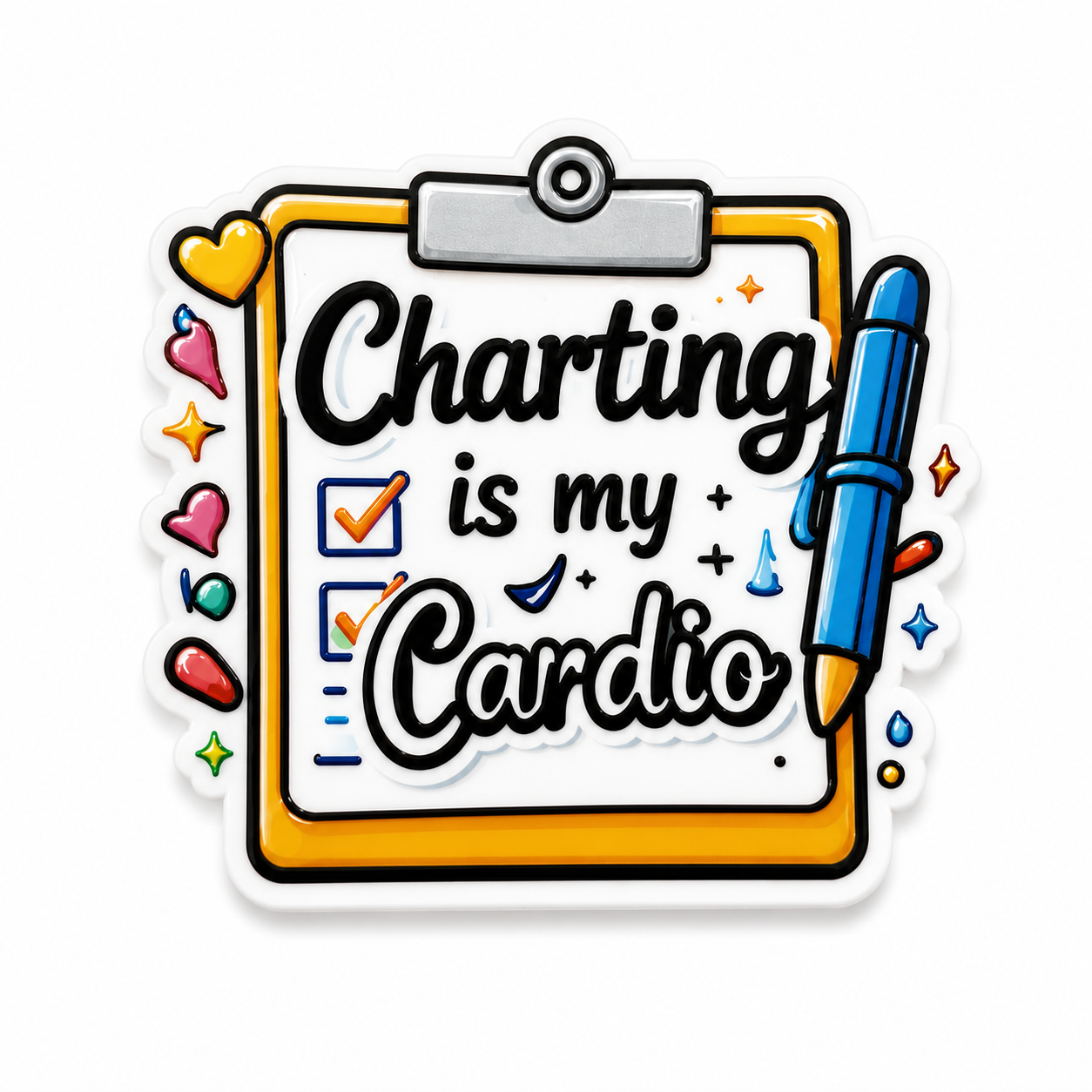 Charting is my Cardio plastic add-on with a clipboard, checklist, hearts, and blue pen, a nurse charting accessory compatible with interchangeable badge reel bases.