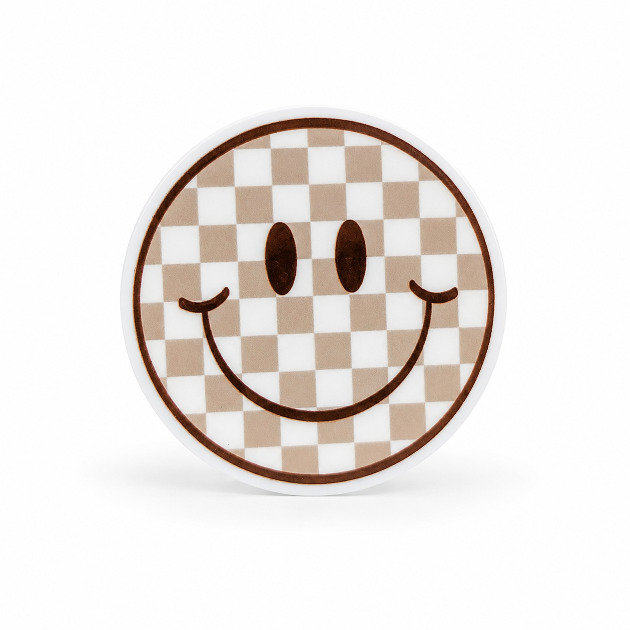 Checkerboard smiley plastic add-on with a beige-and-white checkered happy face design, compatible with interchangeable badge reel bases for neutral aesthetic lovers.