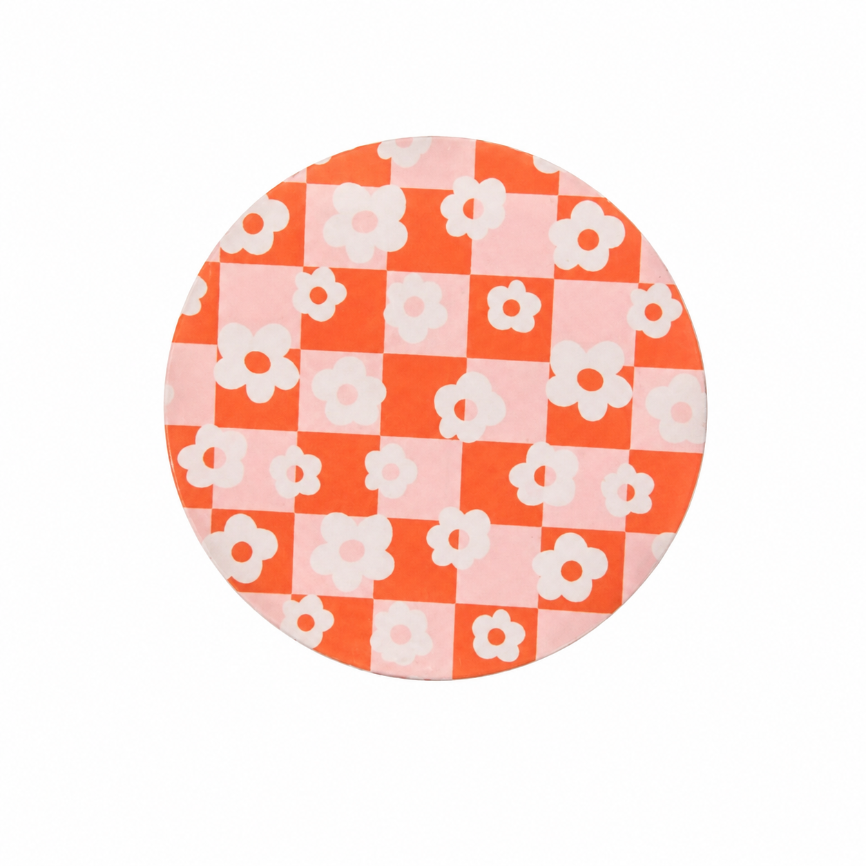 Checkered hard board add-on featuring a retro pink and coral checkerboard pattern with white daisy flowers, compatible with interchangeable badge reel bases.
