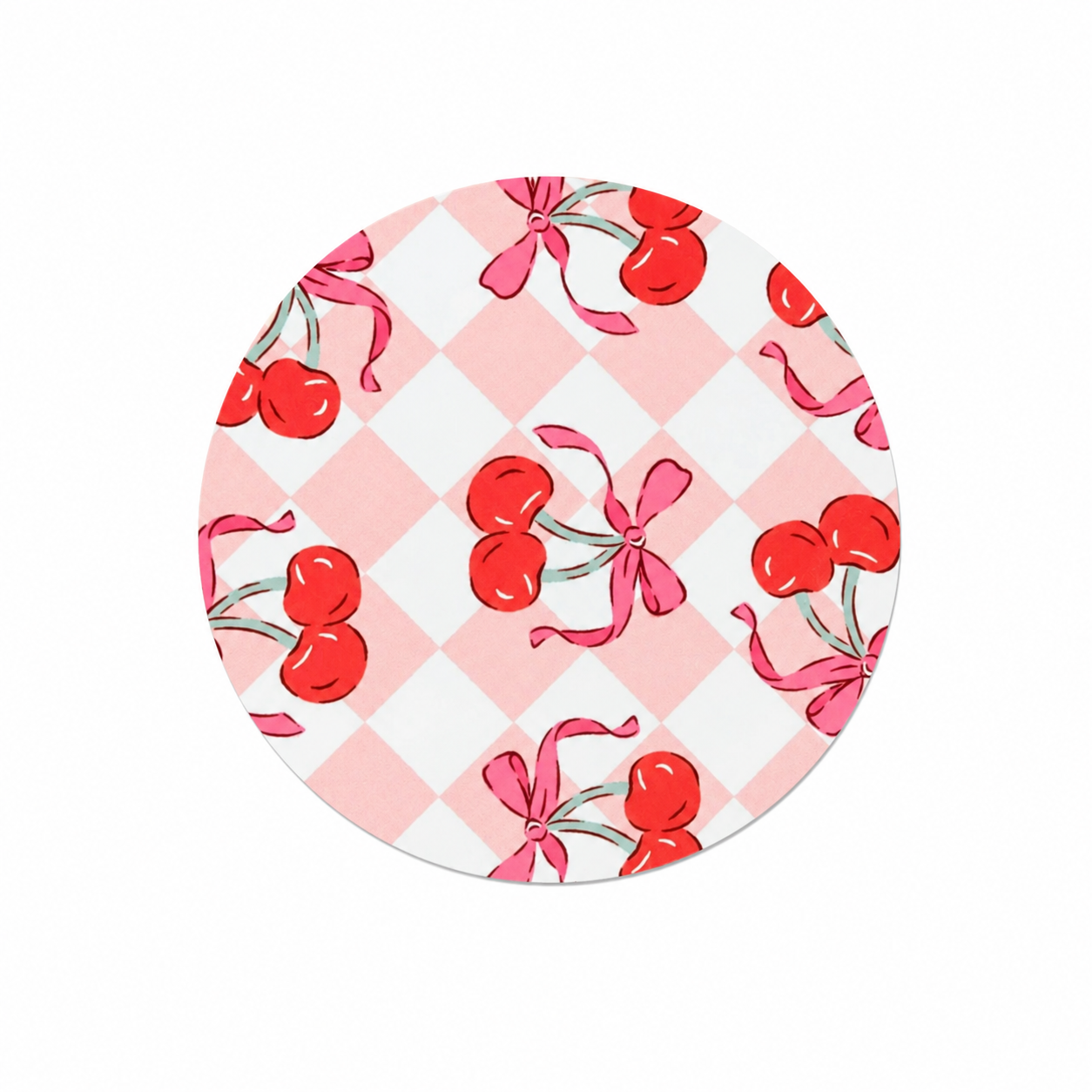 Cherry bow checkerboard hard board add-on featuring red cherries, pink bows, and a pastel checkered pattern, compatible with interchangeable badge reel bases.