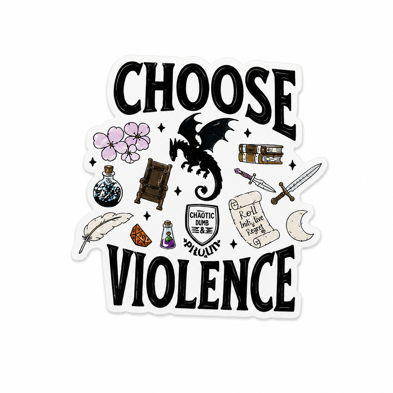Choose Violence bookish fantasy plastic add-on with dragon, dice, swords, potions, books, and whimsical fantasy details, compatible with interchangeable badge reel bases