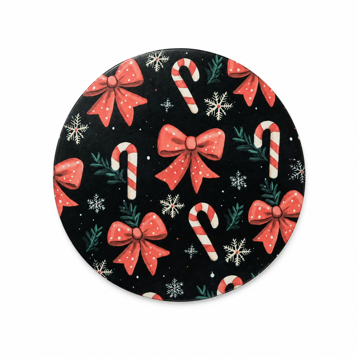 Candy cane bow Christmas hard board add-on featuring coral-red bows, striped candy canes, evergreen sprigs, and snowflakes on black, compatible with interchangeable badge reel bases.