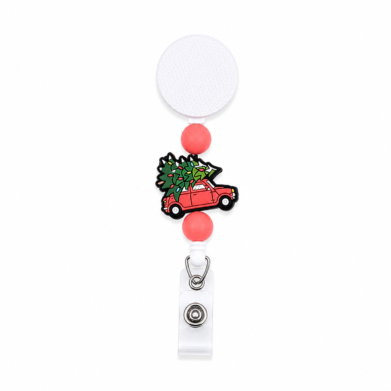 Vintage red Christmas truck badge reel with decorated Christmas tree, bright red silicone beads, white retractable badge reel, festive holiday work accessory.