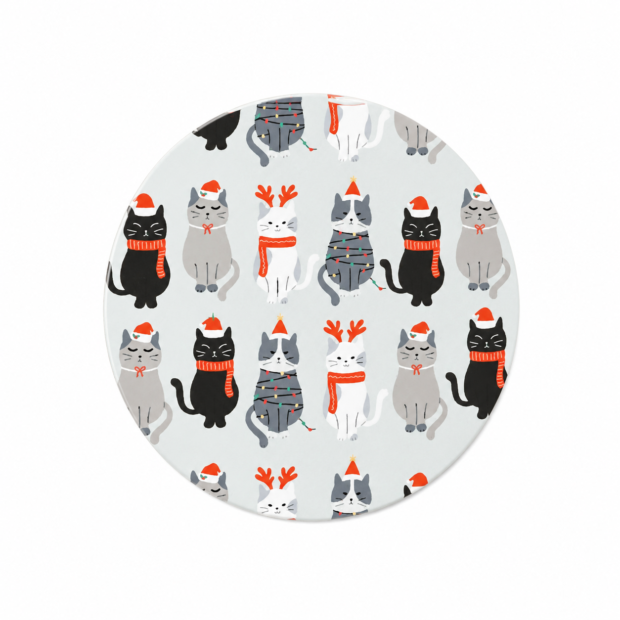 Christmas cats hard board add-on featuring festive cats in Santa hats, scarves, antlers, and holiday sweaters, compatible with interchangeable badge reel bases.